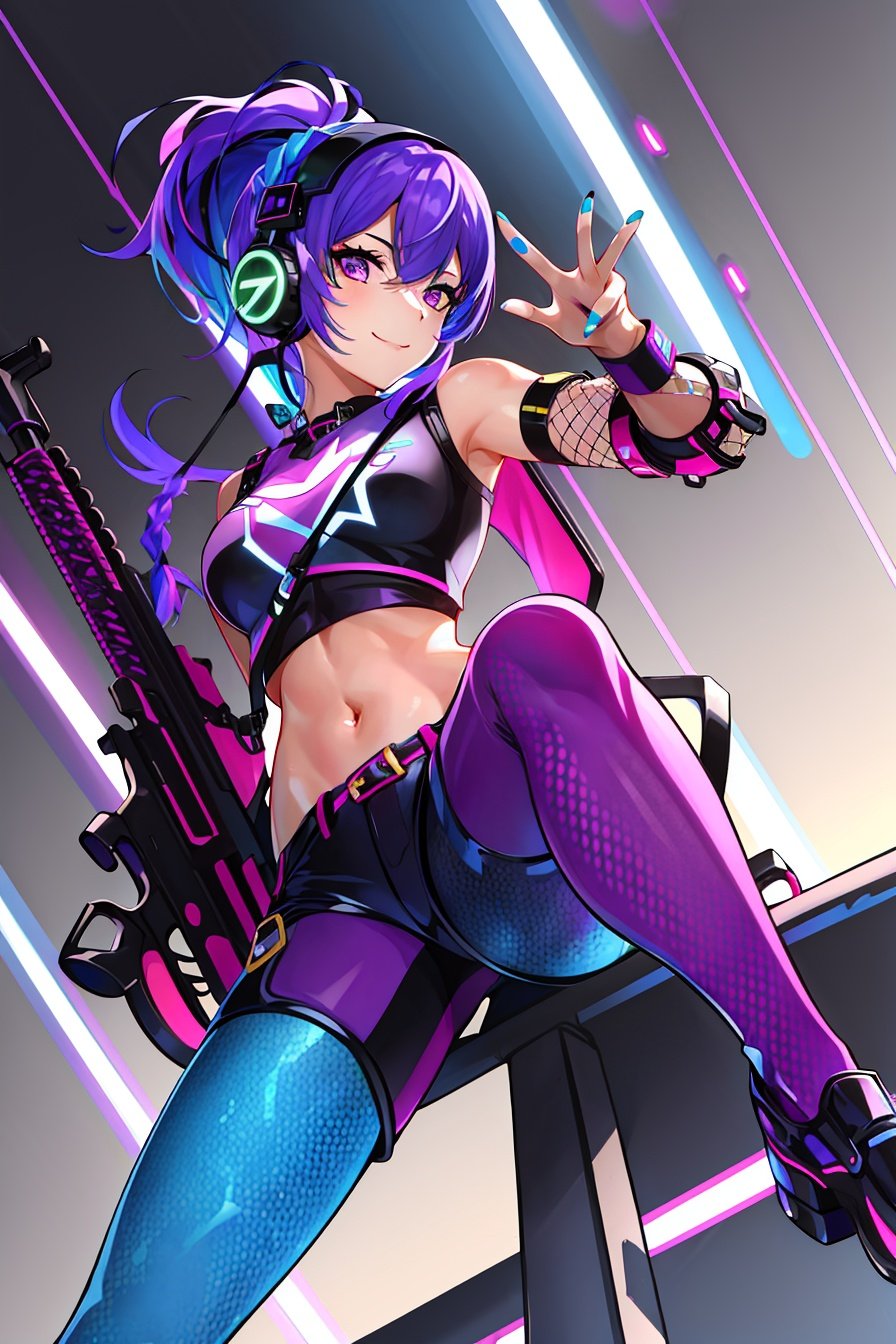 neon palette  <lora:neon_palette_offset:1>, 1girl, animification, armor, black shirt, blue pants, braid, breastplate, chaps, cropped shirt, crossed legs, electricity, fishnet pantyhose, fishnets, g7 scout, green nails, gun, headphones,  jetpack, looking at viewer, midriff, nail polish, navel, official alternate costume, pants, pantyhose, pink eyes, ponytail, purple hair, purple shorts, rifle, shirt, shorts, smile, solo, tan, thigh strap, weapon,  ((masterpiece))