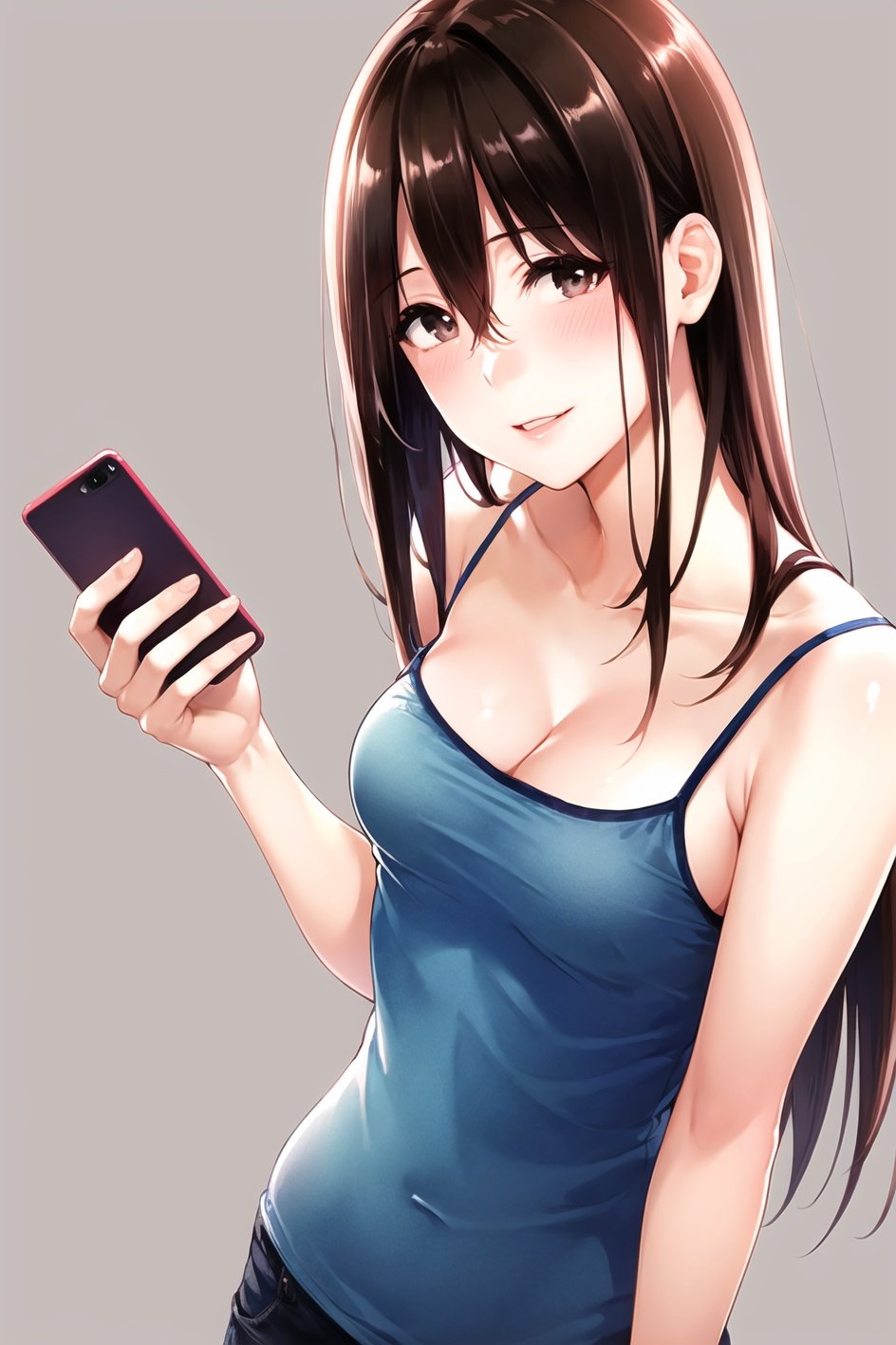 napata, masterpiece, best quality, 1girl, blush, breasts, brown eyes, brown hair, camisole, cellphone, cleavage, fingernails, grey background, hair between eyes, long hair, medium breasts, phone, simple background, smartphone, smile, solo, <lora:napata_offset:1>