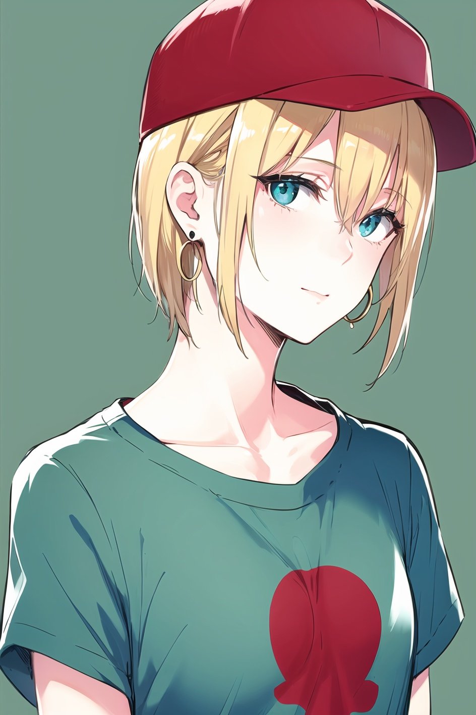 napata, masterpiece, best quality, masterpiece, best quality, 1girl, aqua eyes, baseball cap, blonde hair, closed mouth, earrings, green background, hat, hoop earrings, jewelry, looking at viewer, shirt, short hair, simple background, solo, upper body, yellow shirt <lora:napata_offset:1>