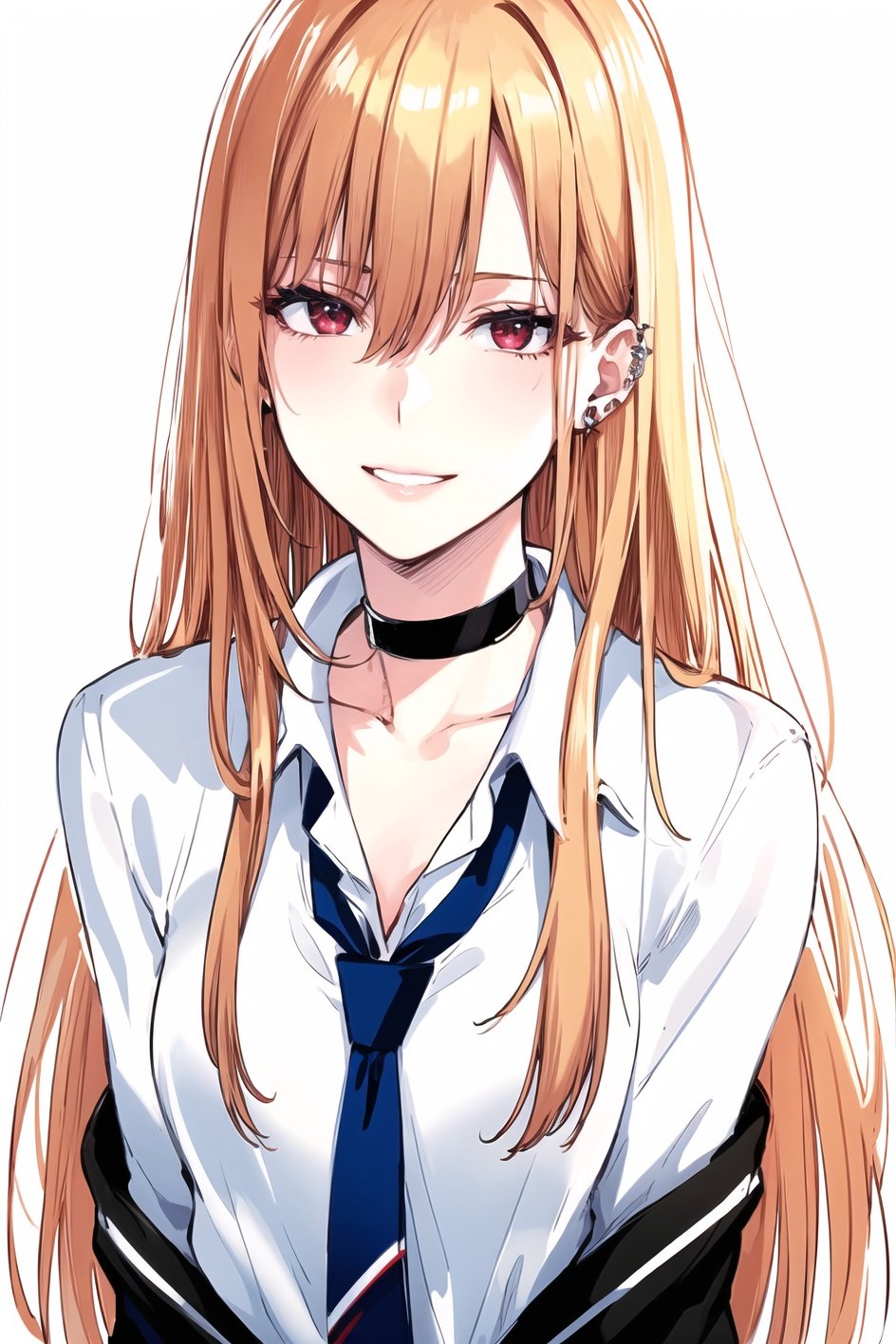 napata, masterpiece, best quality, kitagawa marin, 1girl, black choker, blonde hair, blue necktie, choker, ear piercing, hair between eyes, long hair, looking at viewer, necktie, parted lips, piercing, red eyes, school uniform, shirt, simple background, smile, solo, upper body, white background, white shirt, <lora:napata_offset:1>