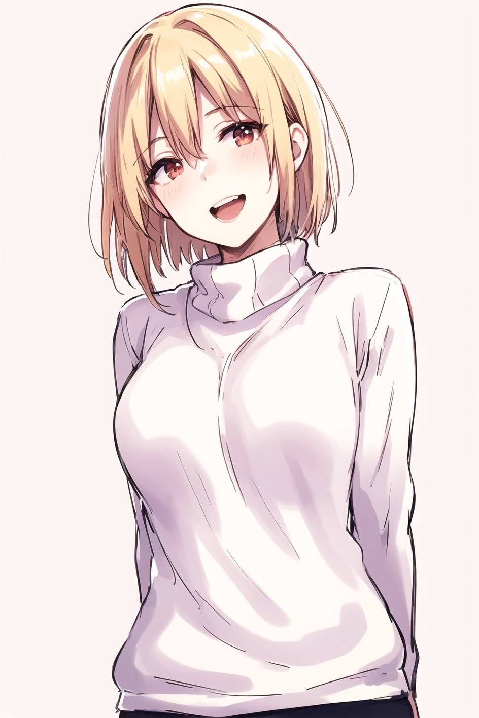 napata, masterpiece, best quality, 1girl, :d, arms behind back, blonde hair, breasts, from below, hair intakes, head tilt, long sleeves, looking at viewer, medium breasts, open mouth, red eyes, short hair, sketch, smile, solo, sweater, turtleneck, turtleneck sweater, upper body, white background, white sweater <lora:napata_offset:1>