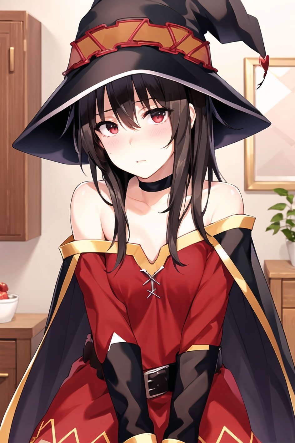 napata, masterpiece, best quality, megumin, 1girl, bare shoulders, black cape, black gloves, black hair, blush, cape, choker, collarbone, dress, hair between eyes, hat, long sleeves, looking at viewer, medium hair, off-shoulder dress, off shoulder, red dress, red eyes, sidelocks, solo, witch hat, indoors, <lora:napata_offset:1>