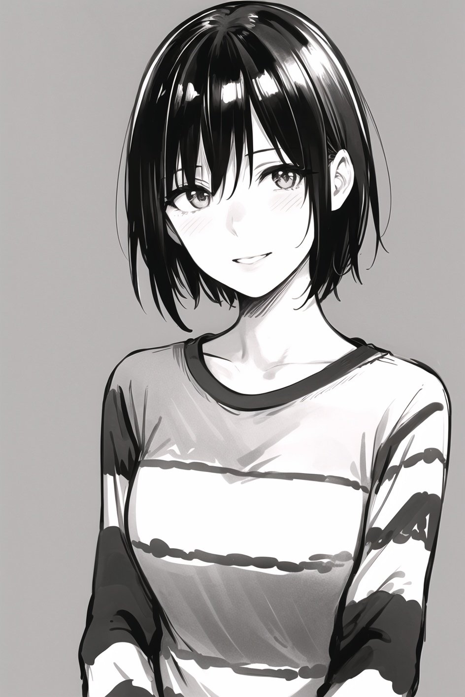 napata, masterpiece, best quality, 1girl, brown theme, casual, grey background, long sleeves, looking at viewer, monochrome, parted lips, shirt, short hair, sketch, smile, solo, striped, striped shirt, upper body, <lora:napata_offset:1>