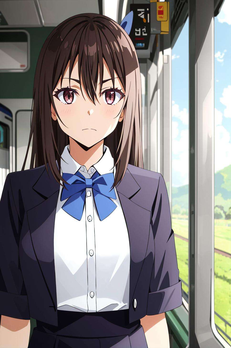 tensura, shirt, 1girl, collared shirt, long hair, train interior, white shirt, bow, brown hair, short sleeves, letterboxed, bangs, solo, closed mouth, facing viewer, blurry, school uniform, blue bow, dress shirt, upper body, depth of field, hair between eyes, blurry background, bowtie, ground vehicle, indoors, ((masterpiece))  <lora:tensura_offset:1>