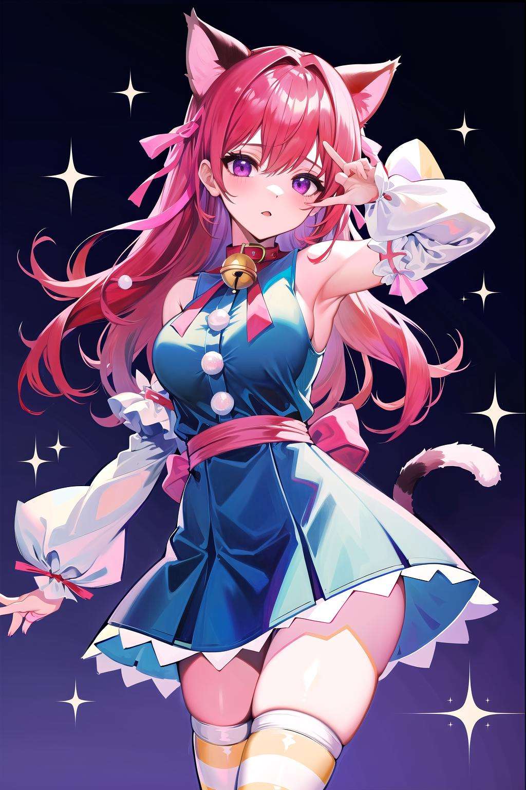 absurdres, best quality, 1girl, solo, <lyco:GoodHands-beta2:0.7>, purple eyes, red hair, long hair, large breasts,  <lora:ahCat:1>, ahCat, blue theme, cat ears, blue dress, sleeveless dress, pink ribbon, large ribbon, striped thighhighs, detached sleeves, collar, jingle bell