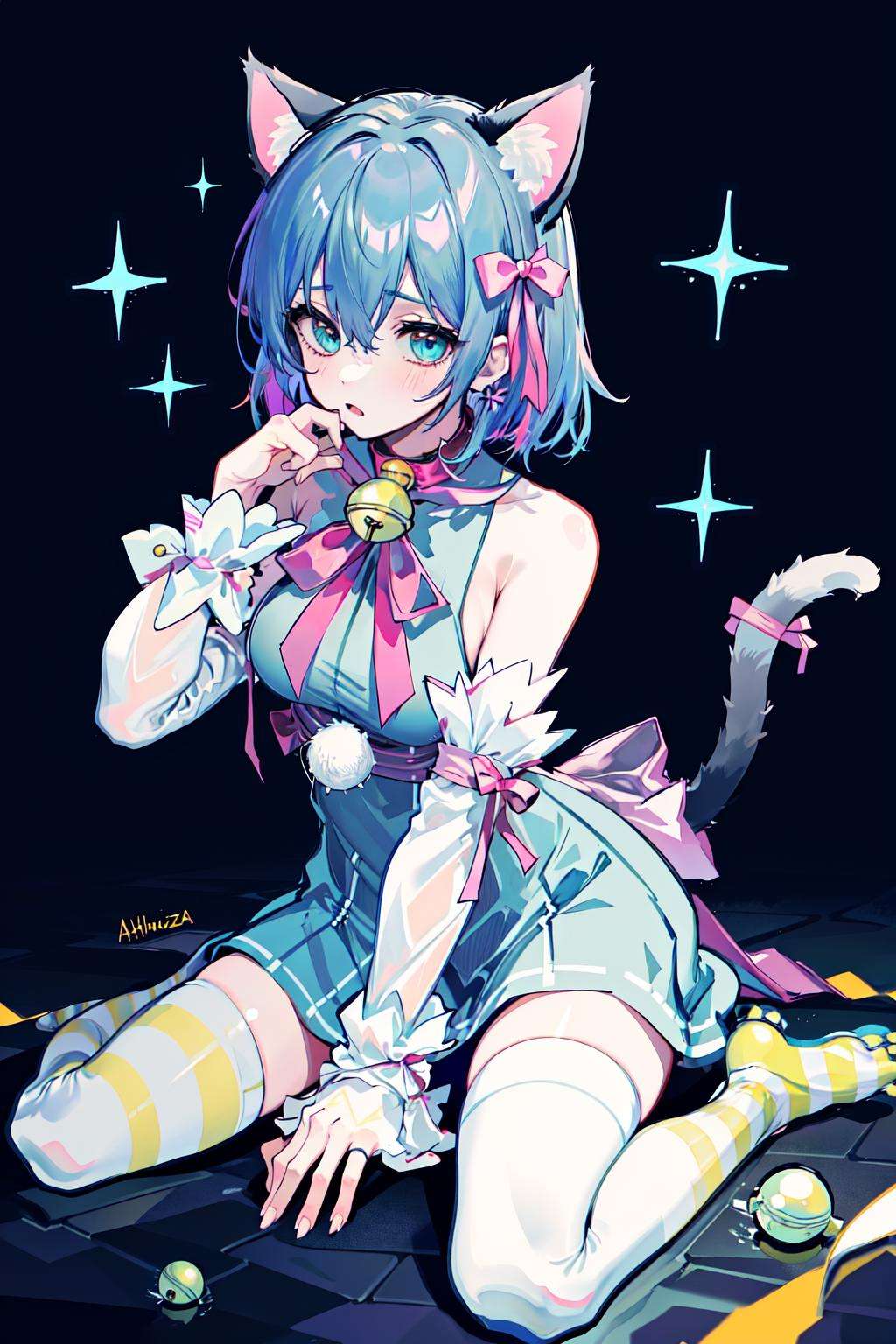 absurdres, best quality, 1girl, solo, <lyco:GoodHands-beta2:1>, <lora:ahCat:1>, ahCat, blue theme, cat ears, blue dress, sleeveless dress, pink ribbon, large ribbon, striped thighhighs, detached sleeves, collar, jingle bell, wariza, hands on floor, paw shoes, 