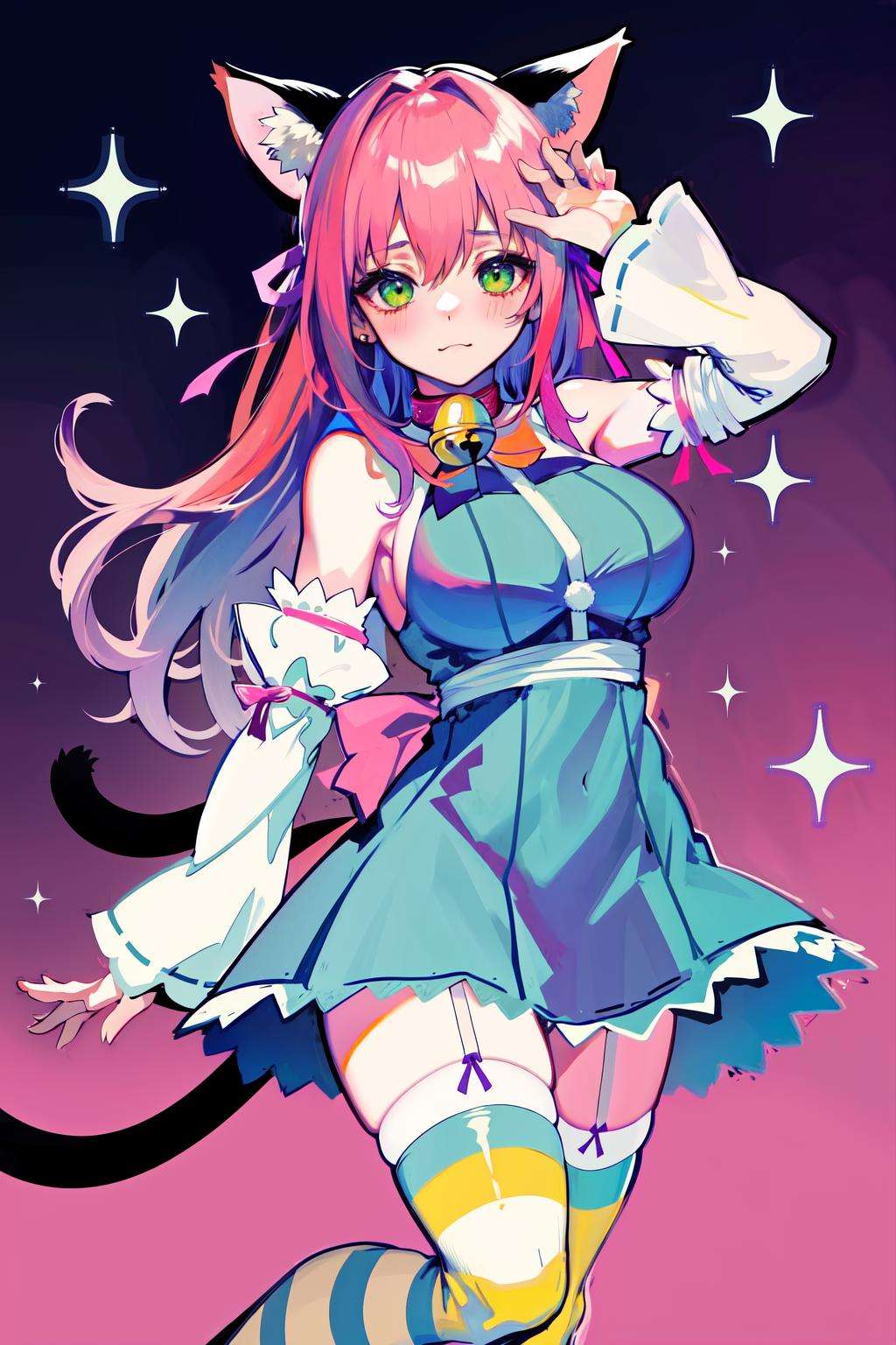 absurdres, best quality, 1girl, solo, <lyco:GoodHands-beta2:0.7>, green eyes, pink hair, long hair, large breasts,  <lora:ahCat:1>, ahCat, blue theme, cat ears, blue dress, sleeveless dress, pink ribbon, large ribbon, striped thighhighs, detached sleeves, collar, jingle bell