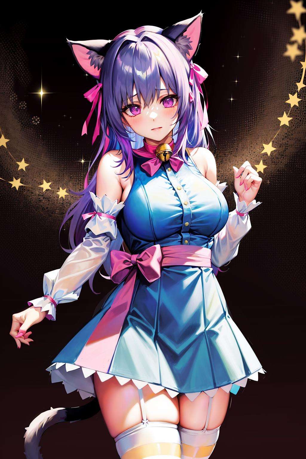 absurdres, best quality, 1girl, solo, <lyco:GoodHands-beta2:0.7>, purple eyes, white hair, long hair, large breasts,  <lora:ahCat:1>, ahCat, blue theme, cat ears, blue dress, sleeveless dress, pink ribbon, large ribbon, striped thighhighs, detached sleeves, collar, jingle bell