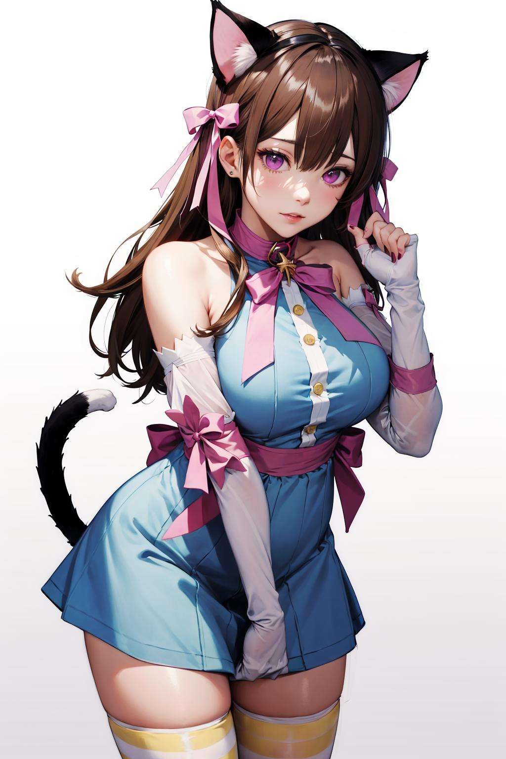 absurdres, best quality, 1girl, solo, <lyco:GoodHands-beta2:0.7>, purple eyes, brown hair, long hair, large breasts,  <lora:ahCat:1>, ahCat, blue theme, cat ears, blue dress, sleeveless dress, pink ribbon, large ribbon, striped thighhighs, detached sleeves, collar, jingle bell