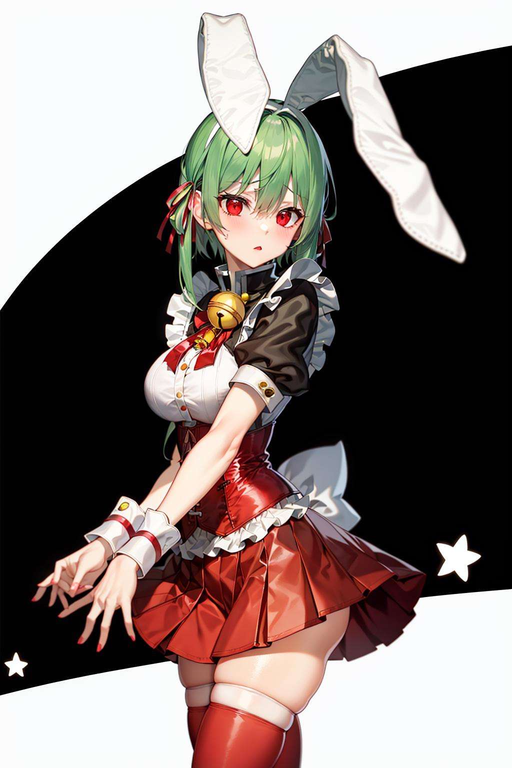 absurdres, best quality, 1girl, solo, <lyco:GoodHands-beta2:1>, green hair, red eyes, long hair, large breasts,  <lora:ahBunny-000120:1>, ahBunny, rabbit ears, red corset, gakuran, apron, red neck ribbon, red skirt, hair bow, short sleeves, wrist cuffs , white thighhighs, jingle bell