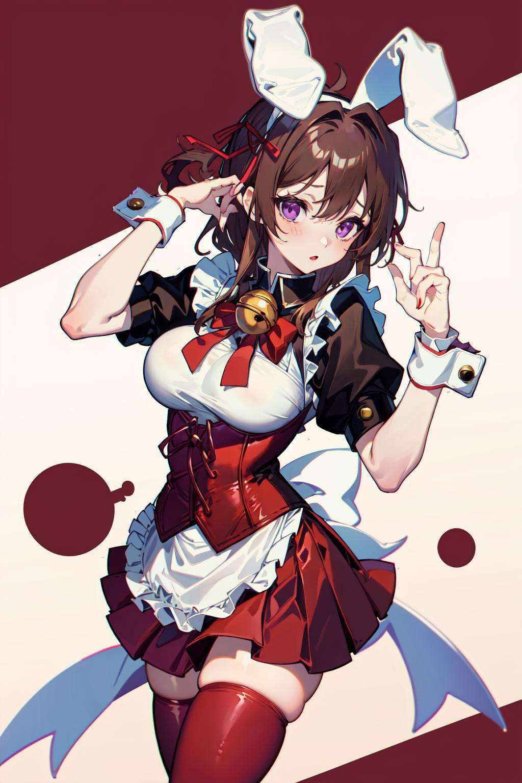 absurdres, best quality, 1girl, solo, <lyco:GoodHands-beta2:1>, brown hair, purple eyes, long hair, large breasts,  <lora:ahBunny-000120:1>, ahBunny, rabbit ears, red corset, gakuran, apron, red neck ribbon, red skirt, hair bow, short sleeves, wrist cuffs , white thighhighs, jingle bell