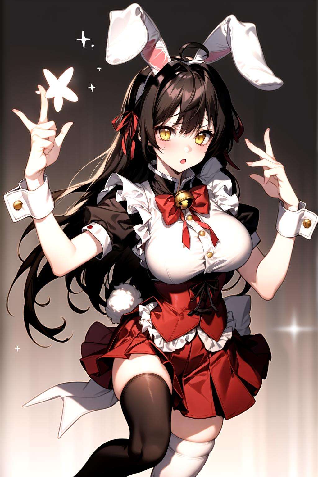 absurdres, best quality, 1girl, solo, <lyco:GoodHands-beta2:1>, black hair, yellow eyes, long hair, large breasts,  <lora:ahBunny-000120:1>, ahBunny, rabbit ears, red corset, gakuran, apron, red neck ribbon, red skirt, hair bow, short sleeves, wrist cuffs , white thighhighs, jingle bell