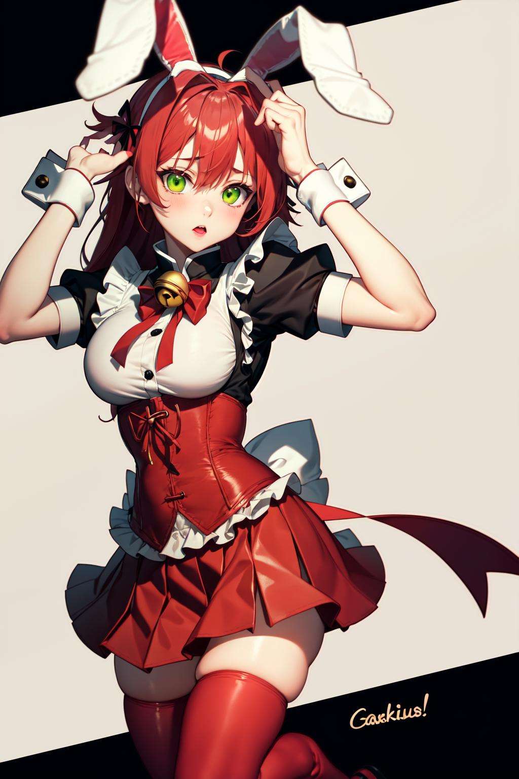 absurdres, best quality, 1girl, solo, <lyco:GoodHands-beta2:1>, red hair, green eyes, long hair, large breasts,  <lora:ahBunny-000120:1>, ahBunny, rabbit ears, red corset, gakuran, apron, red neck ribbon, red skirt, hair bow, short sleeves, wrist cuffs , white thighhighs, jingle bell