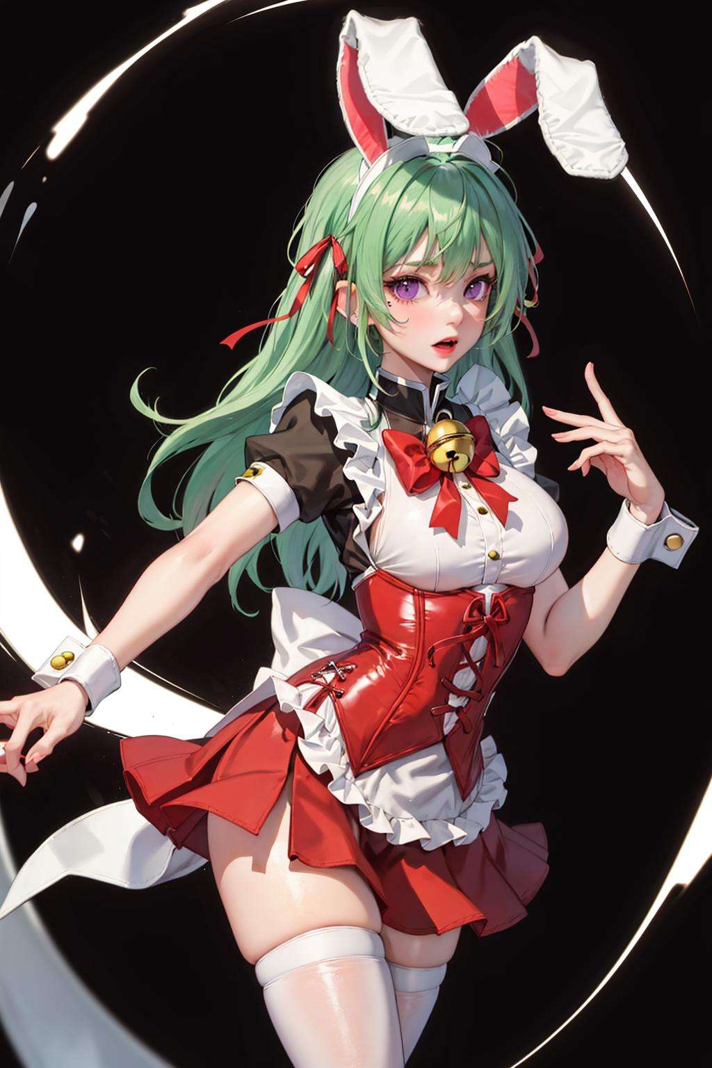 absurdres, best quality, 1girl, solo, <lyco:GoodHands-beta2:1>, green hair, purple eyes, long hair, large breasts,  <lora:ahBunny-000120:1>, ahBunny, rabbit ears, red corset, gakuran, apron, red neck ribbon, red skirt, hair bow, short sleeves, wrist cuffs , white thighhighs, jingle bell