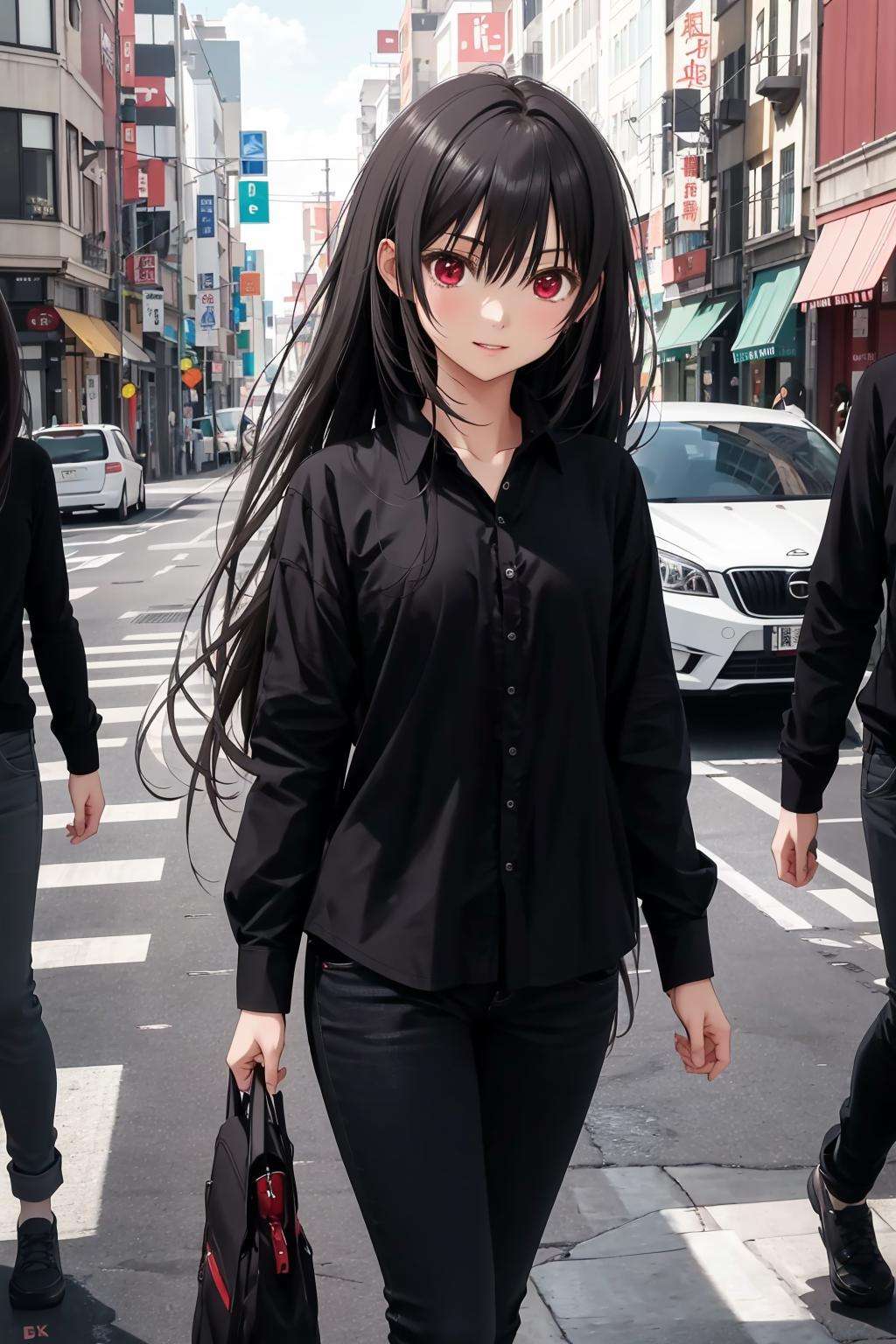 absurdres, best quality, 1girl, solo, <lora:kaoruko-000010:0.7>, nanahara kaoruko, red eyes, bbCasual,black shirt,black pants