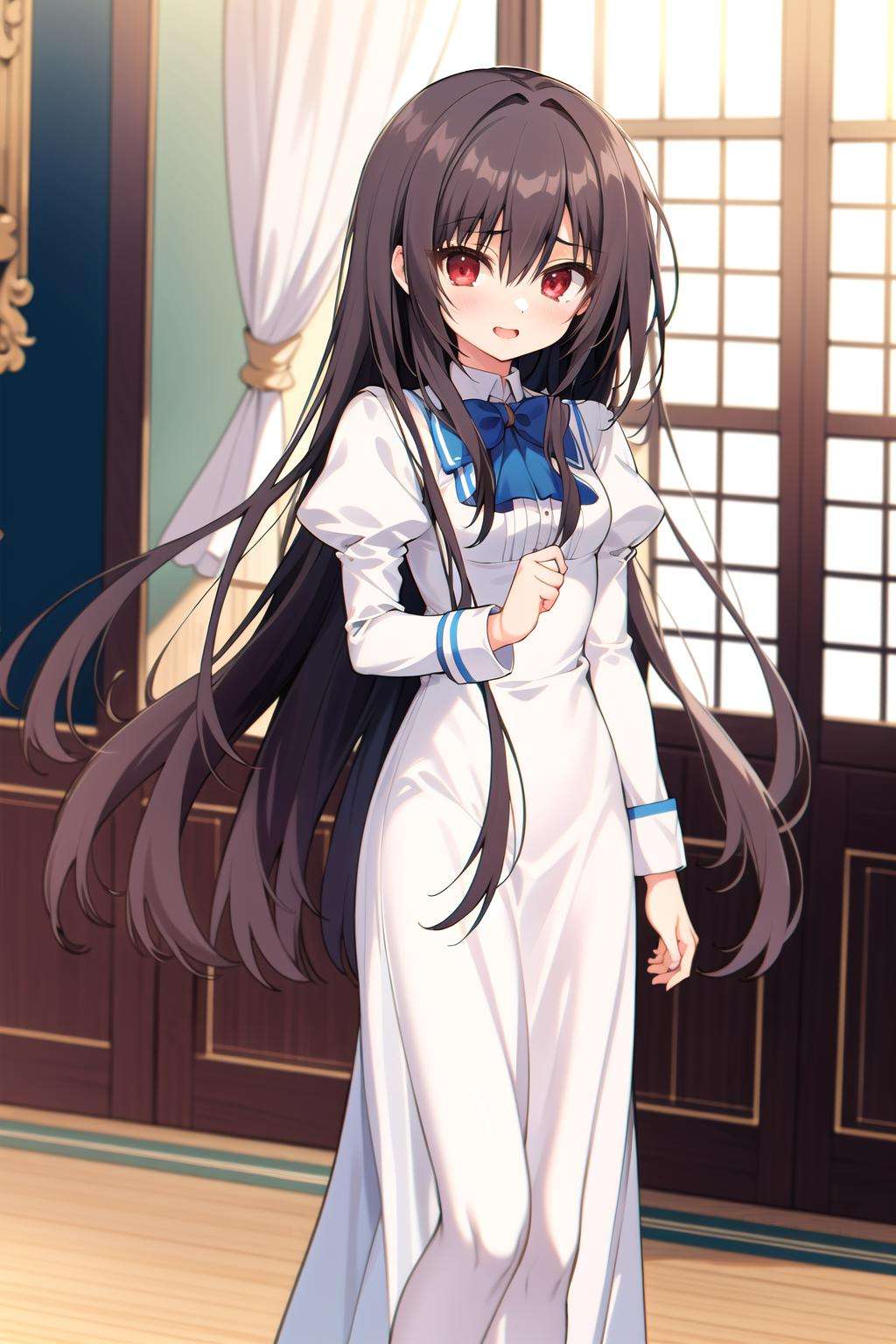 absurdres, best quality, 1girl, solo, <lora:kaoruko-000010:0.7>, nanahara kaoruko, red eyes, bwUniform,white dress,blue bow,long dress,long sleeves