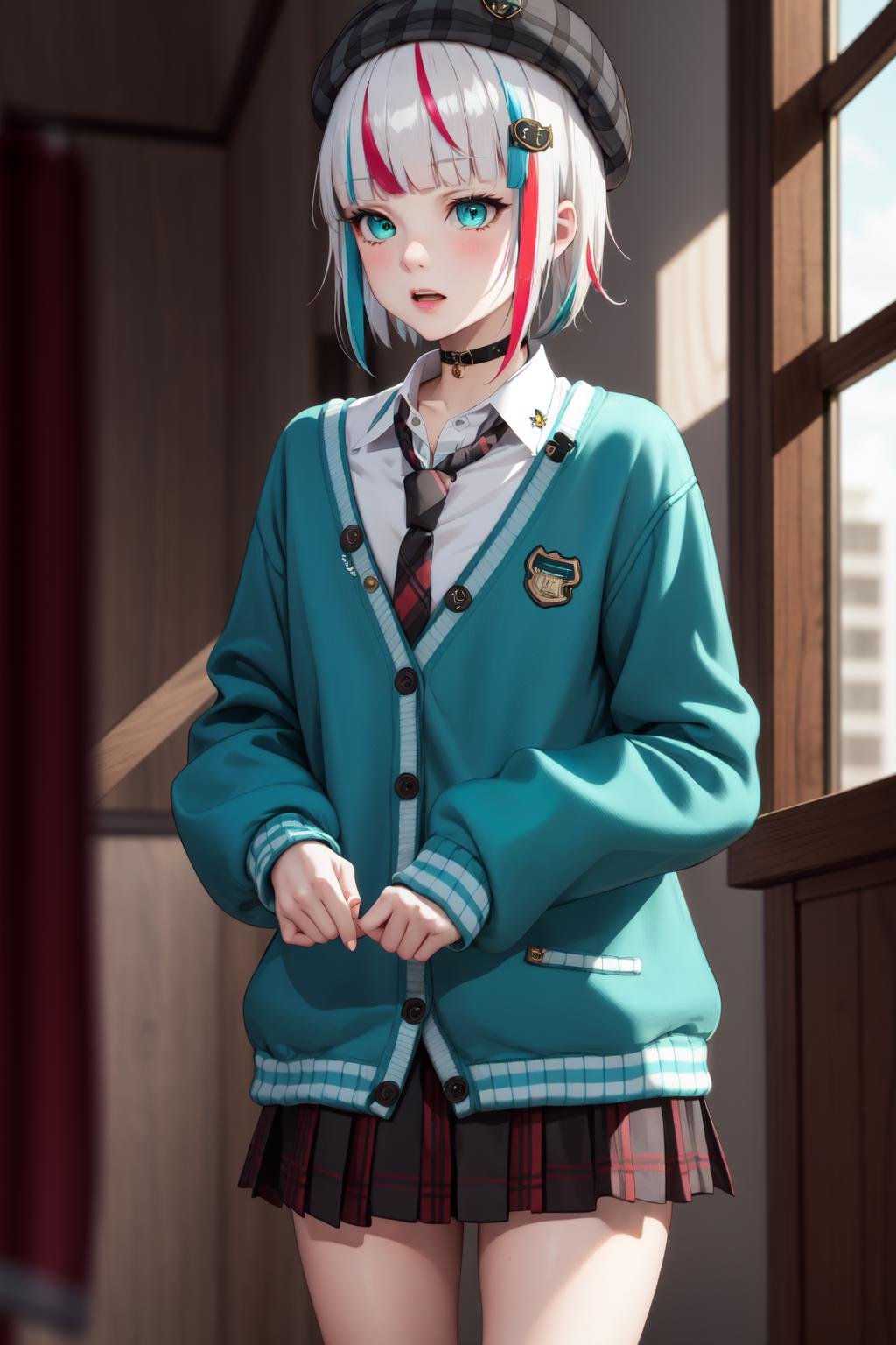 best quality, masterpiece, 1girl, solo,  <lora:waccaLily-000100:0.9>, red gradient streaked hair, short hair, white hair, lily (wacca), black beret, plaid skirt, choker, cyan sweater jacket, collared shirt, black plaid necktie, sleeves past fingers, blunt bangs