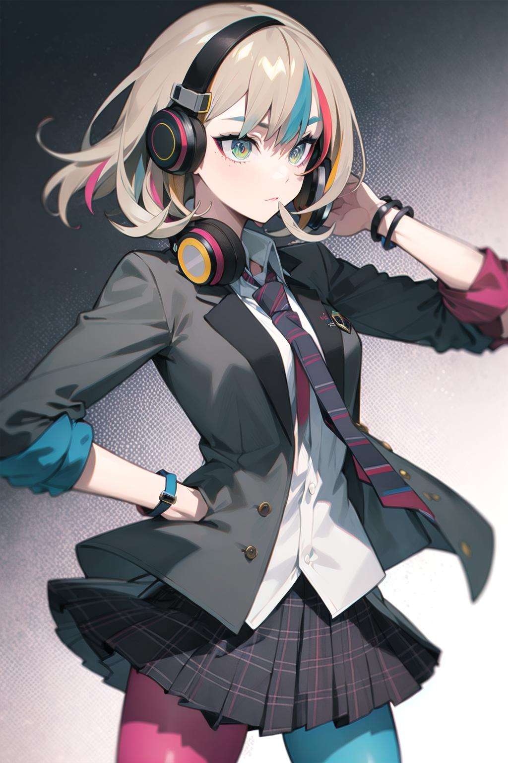 best quality, masterpiece, 1girl, solo <lora:waccaLiz-000100:0.9>, elizabeth (wacca), headphones, multicolored clothes, necktie, jacket, plaid skirt, pantyhose