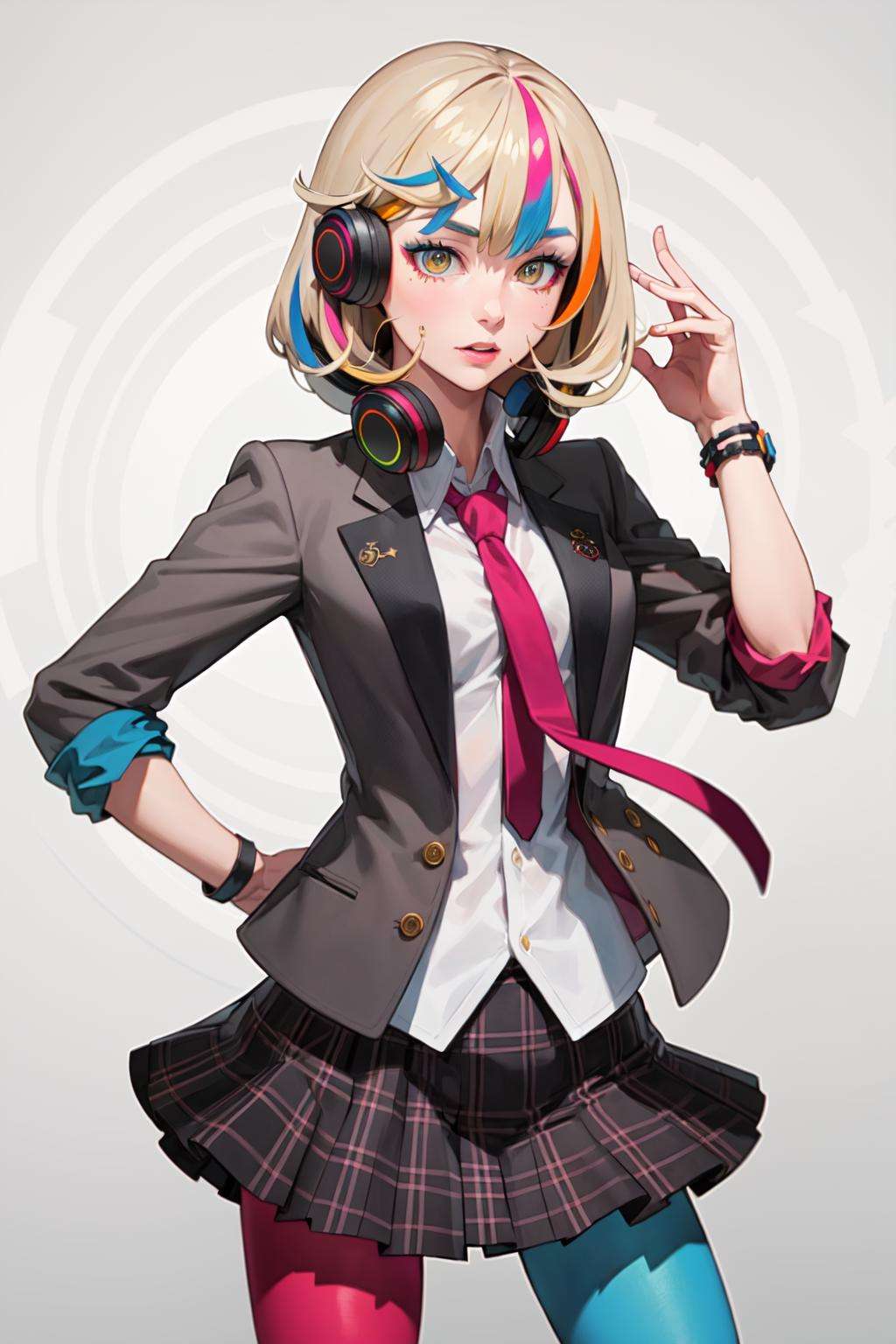 best quality, masterpiece, 1girl, solo <lora:waccaLiz-000100:0.9>, elizabeth (wacca), headphones, multicolored clothes, necktie, jacket, plaid skirt, pantyhose