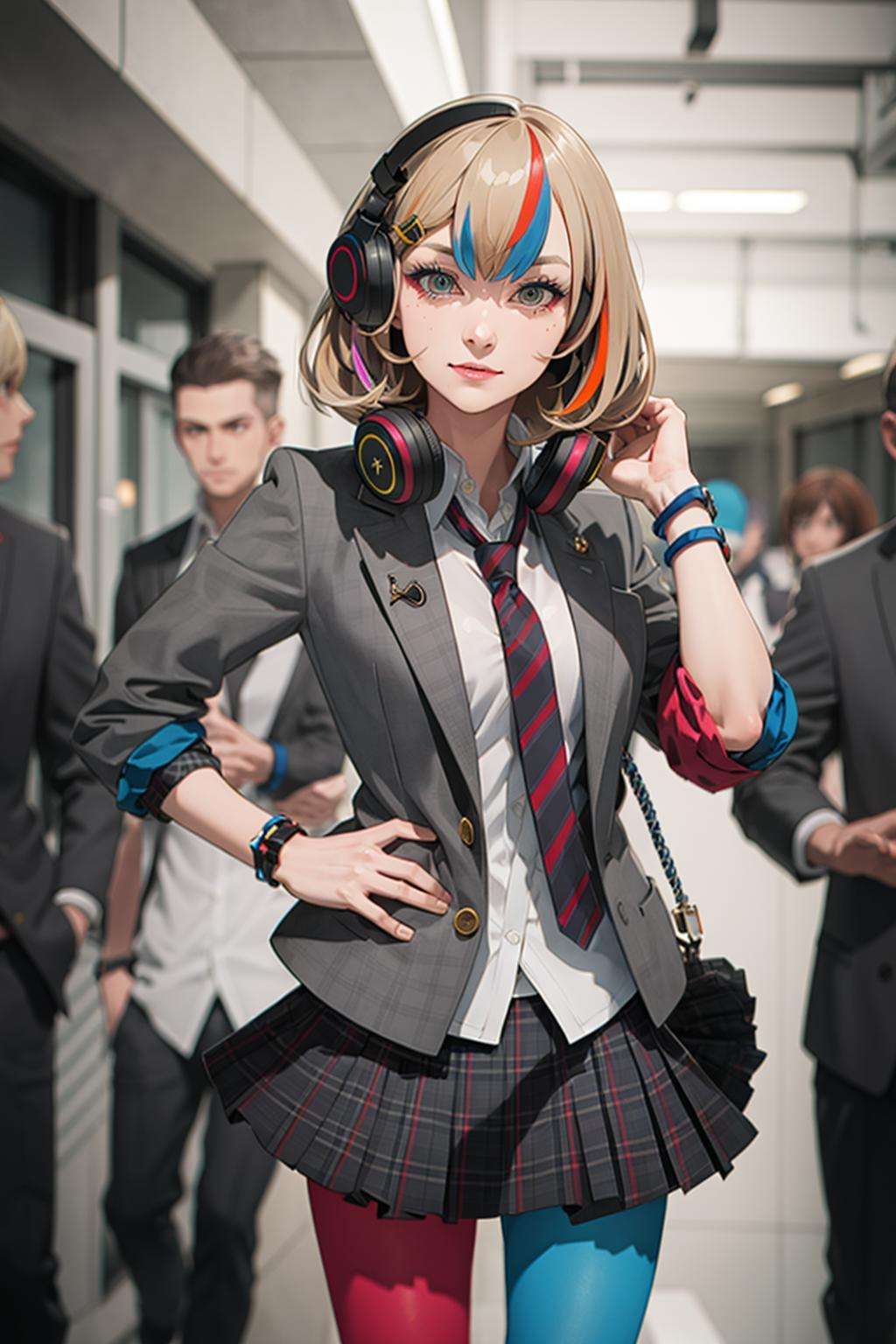 best quality, masterpiece, 1girl, solo <lora:waccaLiz-000100:0.9>, elizabeth (wacca), headphones, multicolored clothes, necktie, jacket, plaid skirt, pantyhose