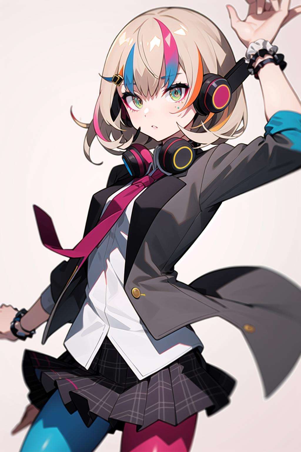 best quality, masterpiece, 1girl, solo <lora:waccaLiz-000100:0.9>, elizabeth (wacca), headphones, multicolored clothes, necktie, jacket, plaid skirt, pantyhose