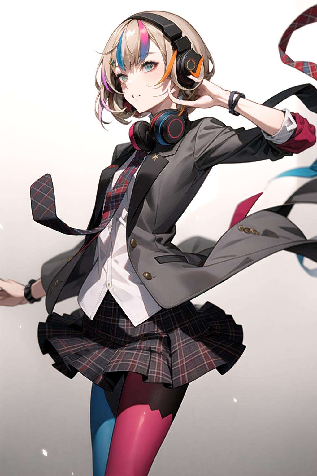 best quality, masterpiece, 1girl, solo <lora:waccaLiz-000100:0.9>, elizabeth (wacca), headphones, multicolored clothes, necktie, jacket, plaid skirt, pantyhose