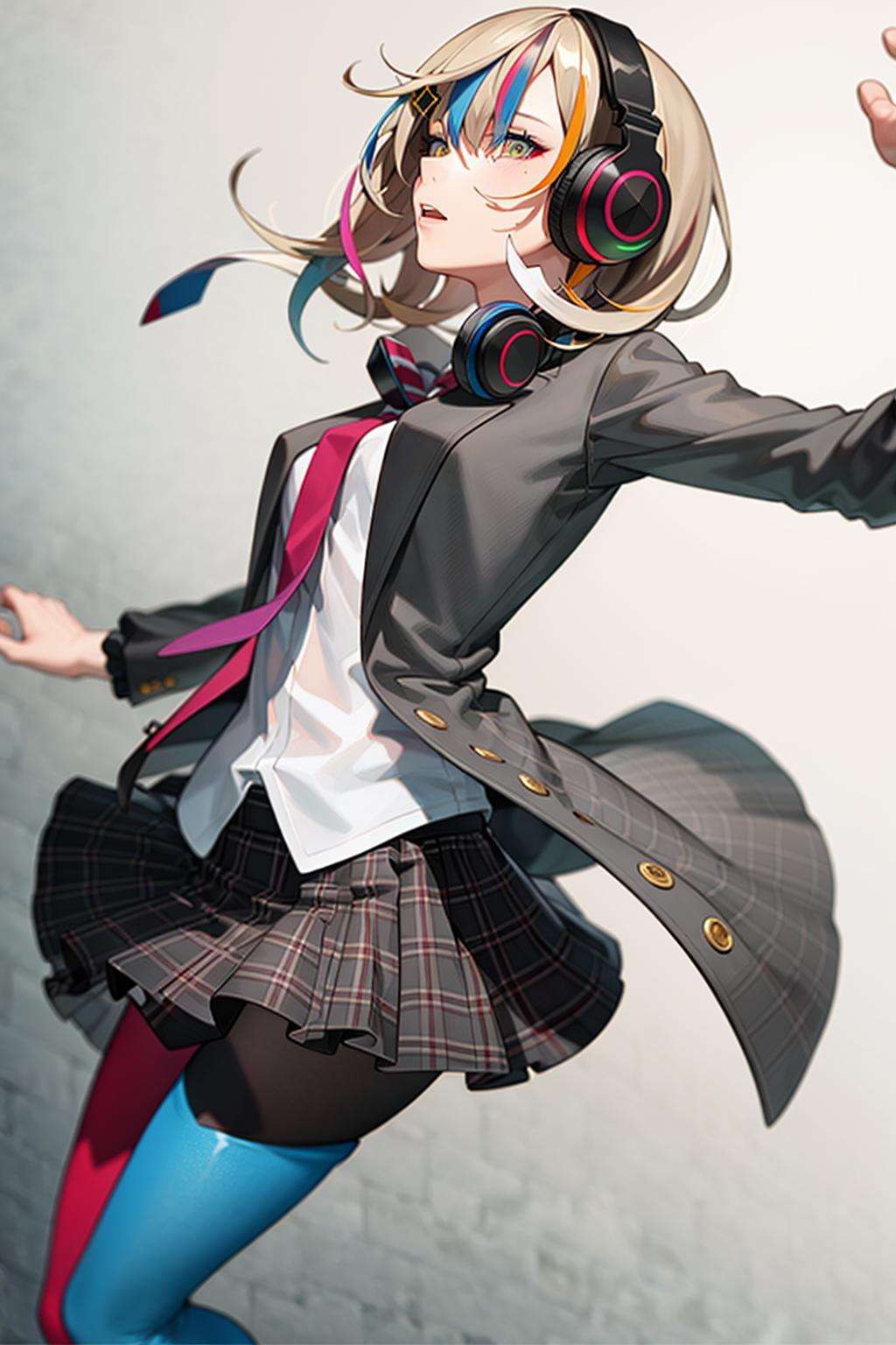 best quality, masterpiece, 1girl, solo <lora:waccaLiz-000100:0.9>, elizabeth (wacca), headphones, multicolored clothes, necktie, jacket, plaid skirt, pantyhose