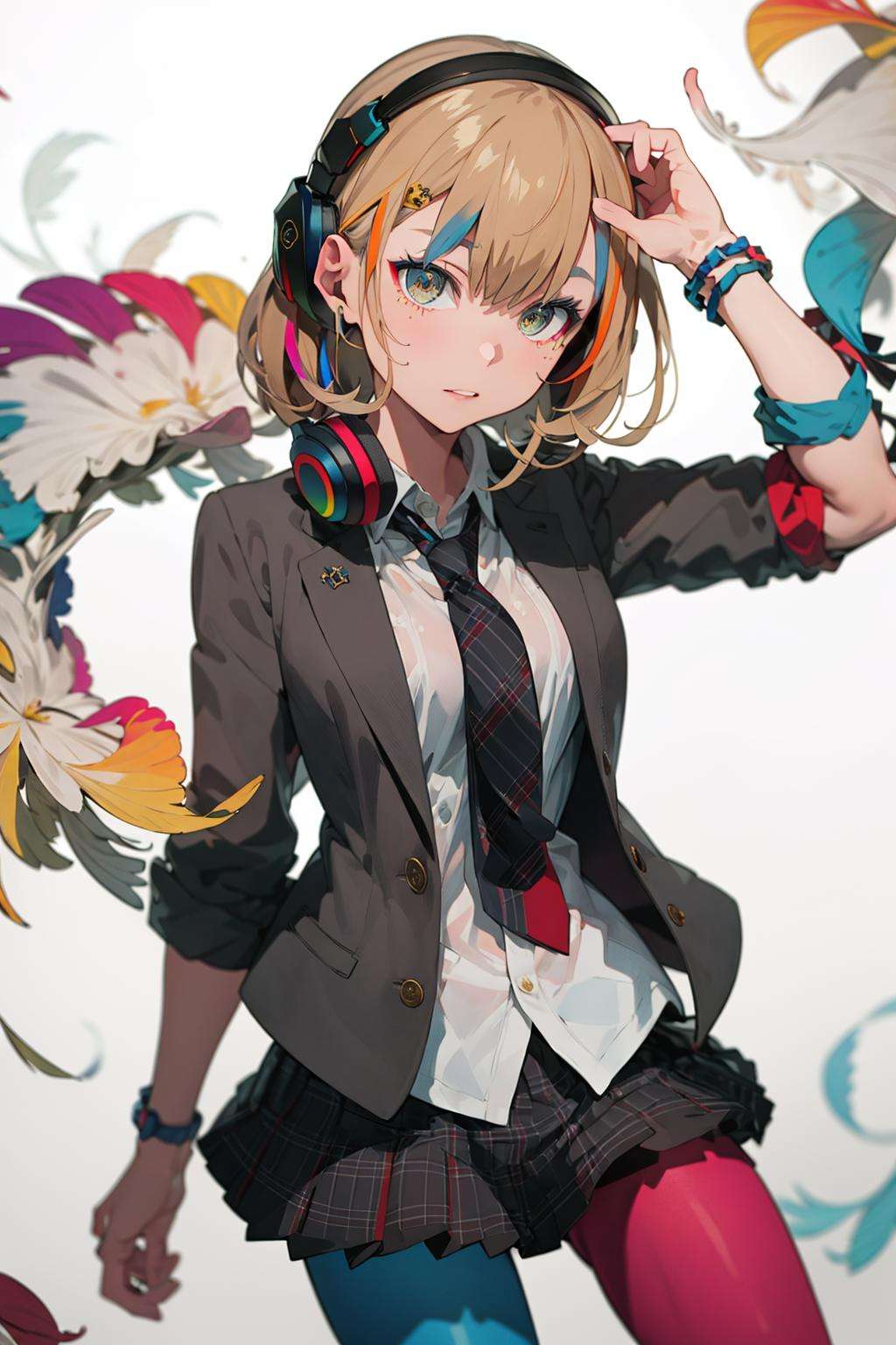 best quality, masterpiece, 1girl, solo <lora:waccaLiz-000100:0.9>, elizabeth (wacca), headphones, multicolored clothes, necktie, jacket, plaid skirt, pantyhose