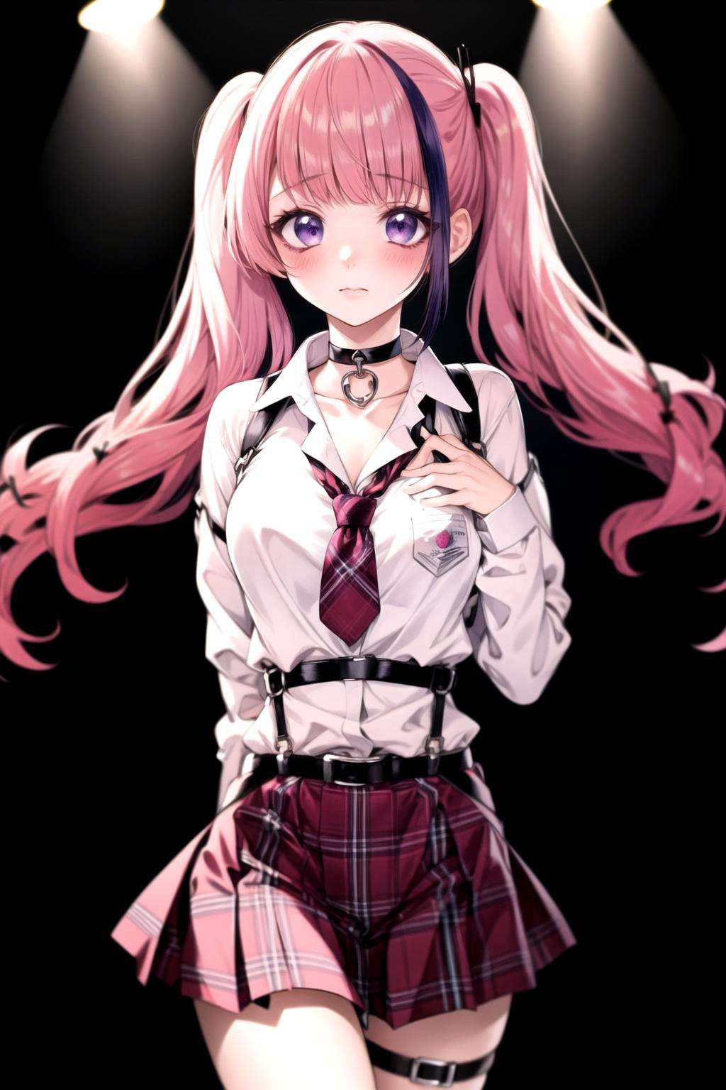 best quality, masterpiece, 1girl, solo, <lora:yamazakiAn-000125:1>, yamazaki an, (streaked hair:0.75), choker, necktie, (untucked shirt), (plaid skirt:0.75), chest harness