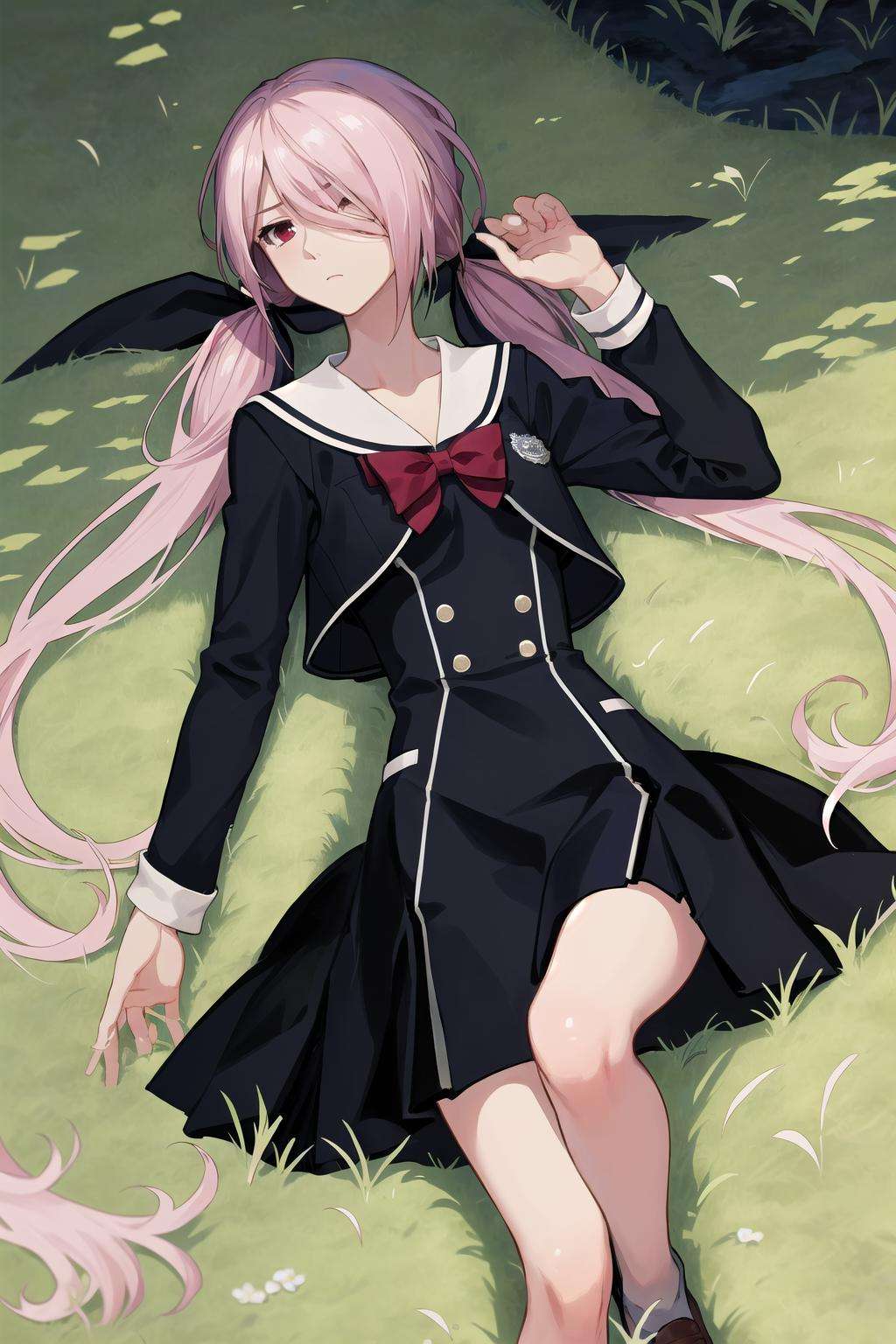 absurdres, best quality, masterpiece, 1girl,  <lyco:minamisawaSenri-000020:1>, minamisawa senri, school uniform, black dress, outdoors, lying, grass, expressionless