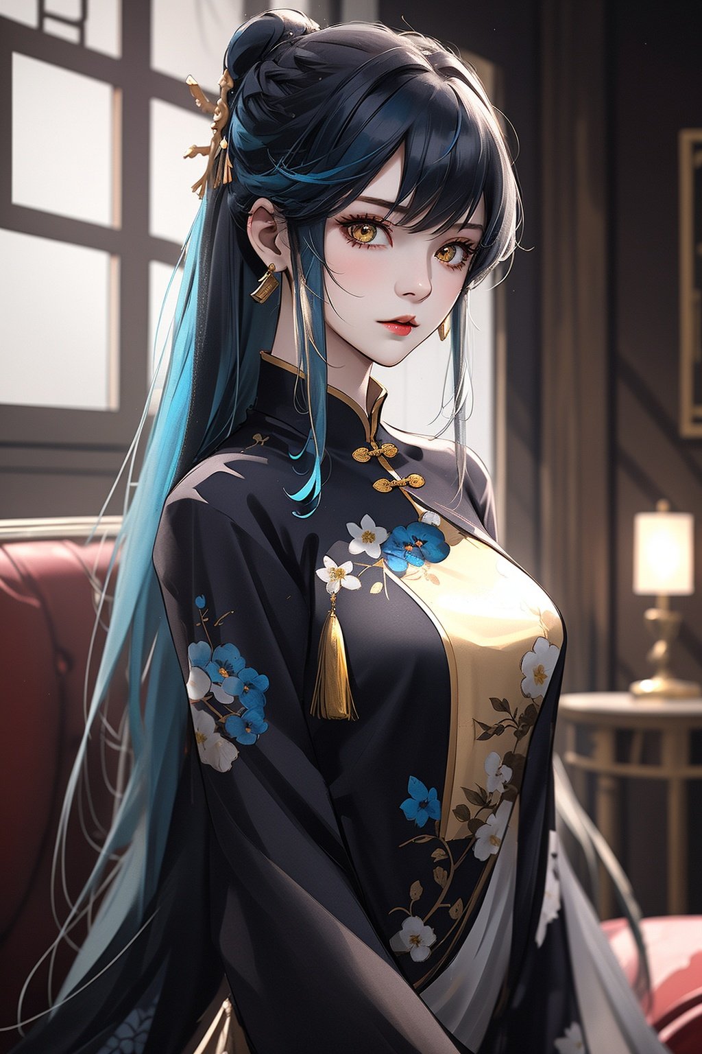 1girl,long hair,yellow eyes,blue hair,tighhighs,indoors,gao,blue room,blue couch,(((best quality,masterpeice))),（depth of field:1.3）,girl,Chinese style