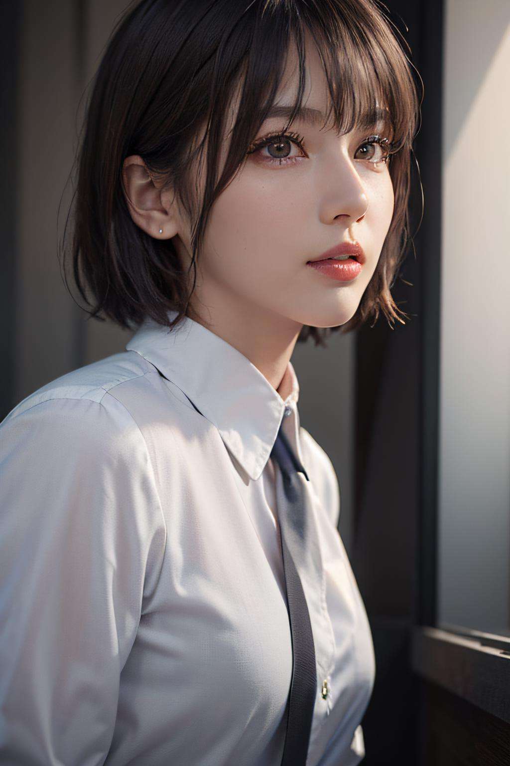 (masterpiece:1.3), (8k, photorealistic, RAW photo, best quality: 1.4), (1girl), beautiful face, (realistic face), (black hair, short hair:1.3), beautiful hairstyle, realistic eyes, beautiful detailed eyes, long eyelashes, (realistic skin), beautiful skin, medium breasts, (perfect body:1.3), (detailed body:1.2), (white collared shirt), (black pleated skirt), (necktie), absurdres, attractive, ultra high res, ultra realistic, highly detailed, golden ratio