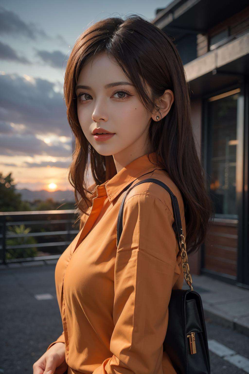 orange_background, 1girl, jewelry,carrying a stylish bag , earrings, orange_sky, orange_theme, solo, mole, long_hair, mole_under_eye, upper_body, grey_eyes, looking_at_viewer, sunset,white hair,(orange shirt:1.4), Fashion,