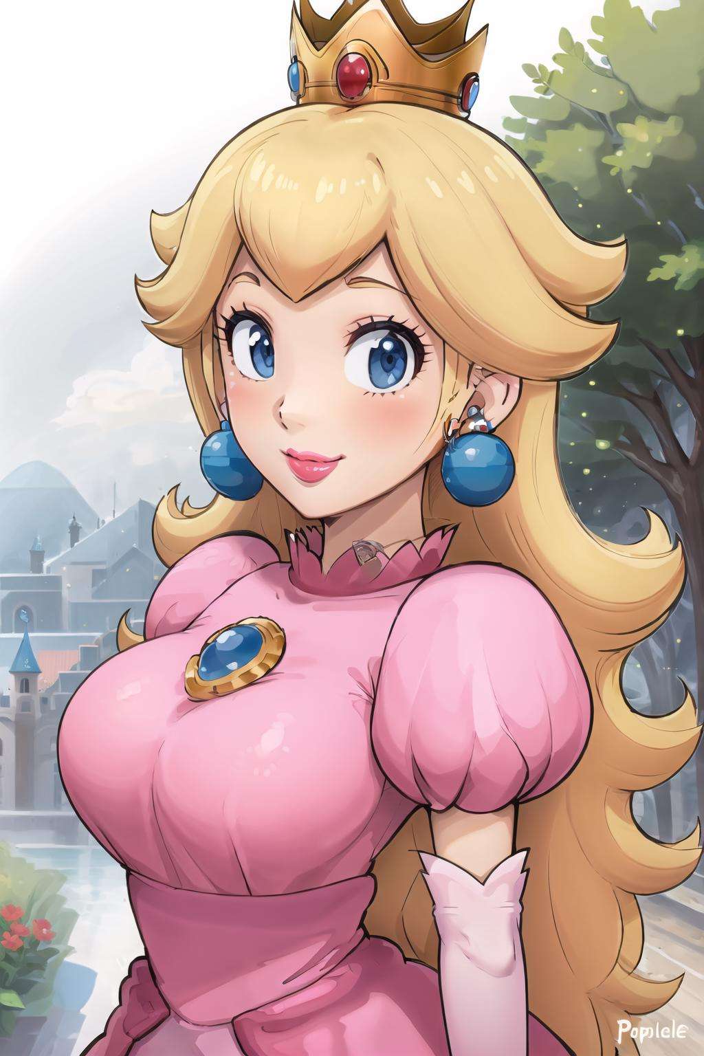 <lora:PrincessPeachDef:0.8>, pch, pink dress, brooch, puffy sleeves, short sleeves, smile, lipstick, elbow gloves, earrings, crown, outside of castle, large breasts, upper body, close-up, 