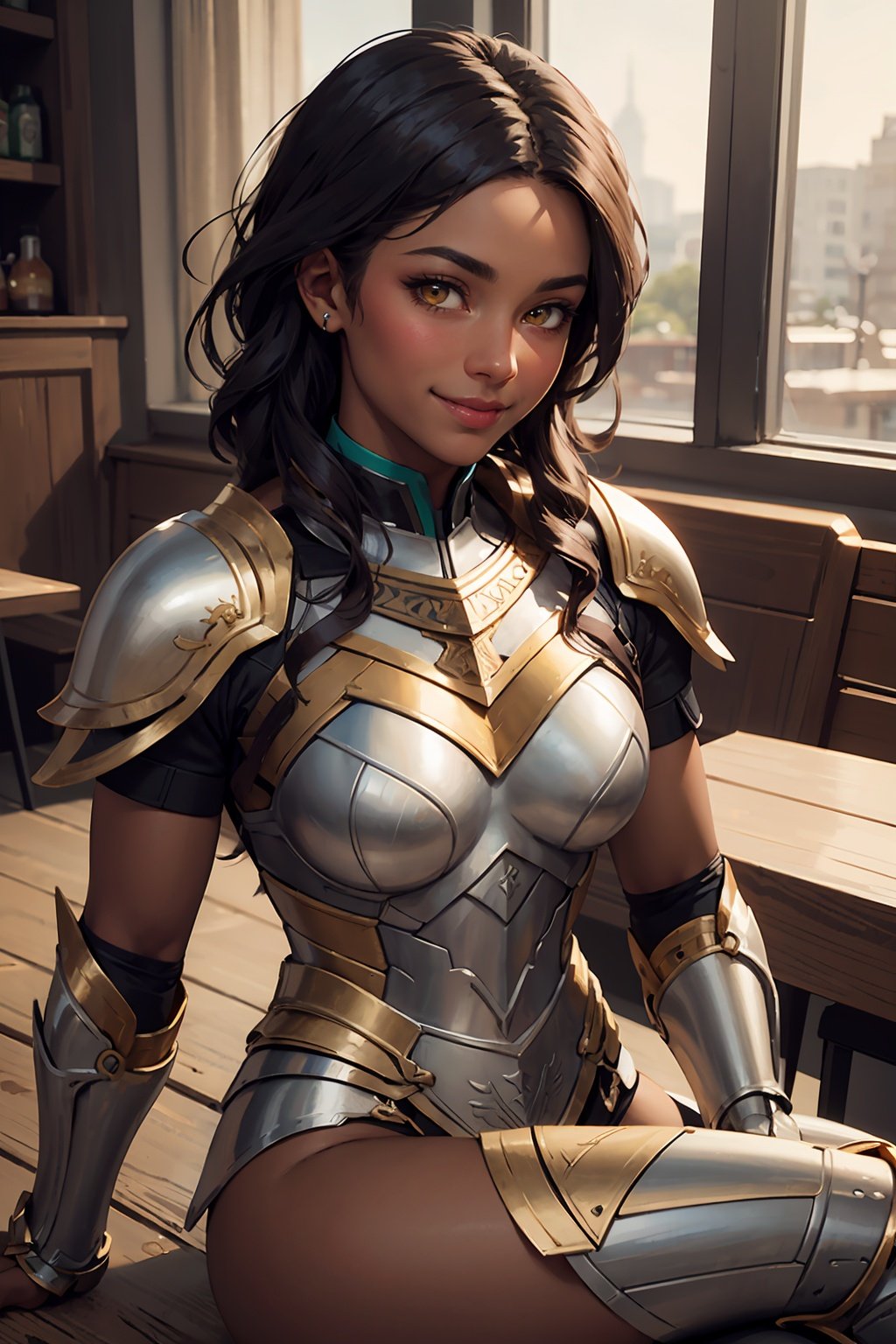 Masterpiece, best quality, a valkyrie in a starbucks, (dark skin:1.3), yellow eyes, blush smile, intricate armor, sitting, extremely detailed, area lighting 