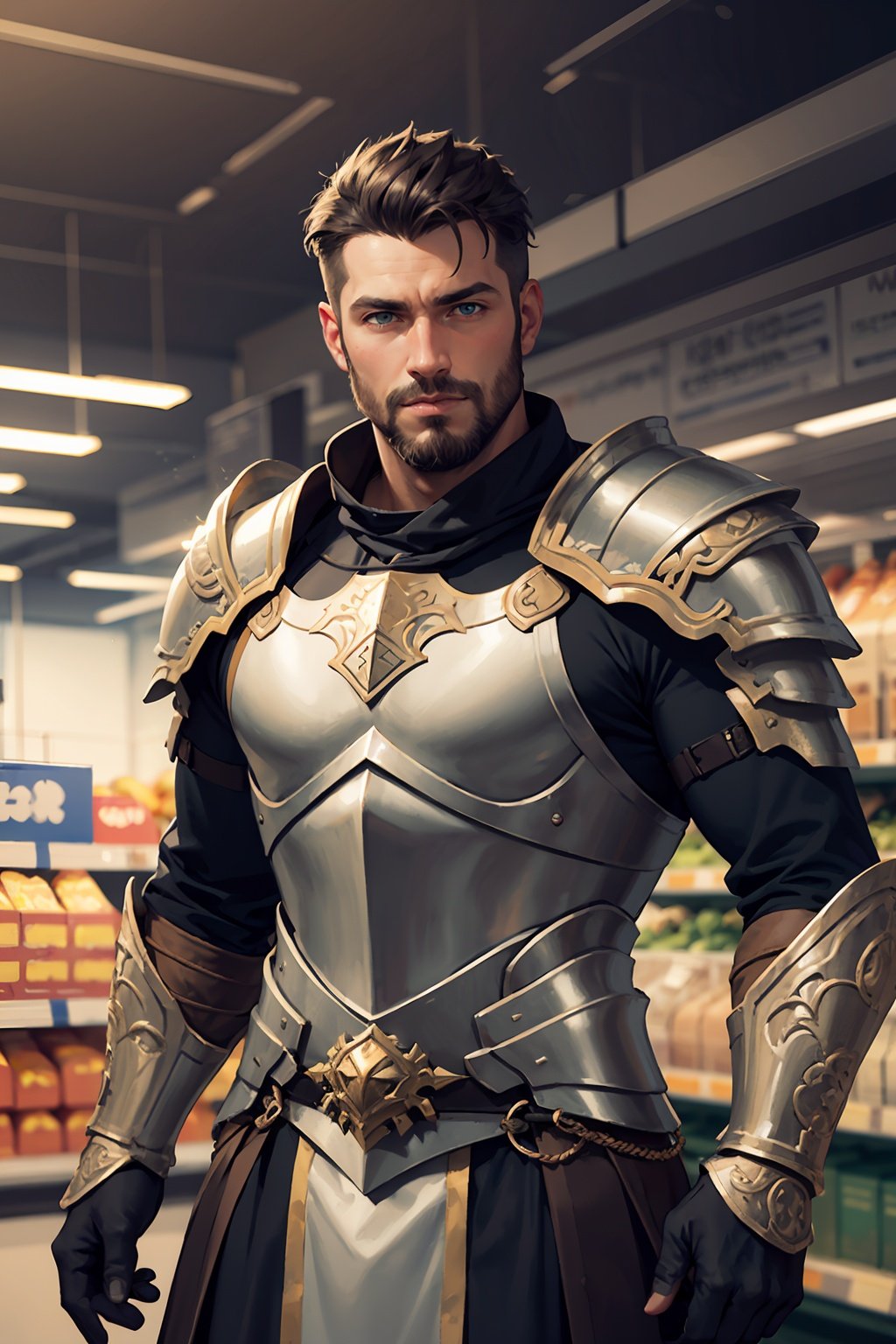 Masterpiece, best quality, a male warrior in a supermarket, 45yers old, beard, green eyes, shiny armor, ornate armor, stubble, extremely detailed, area lighting 