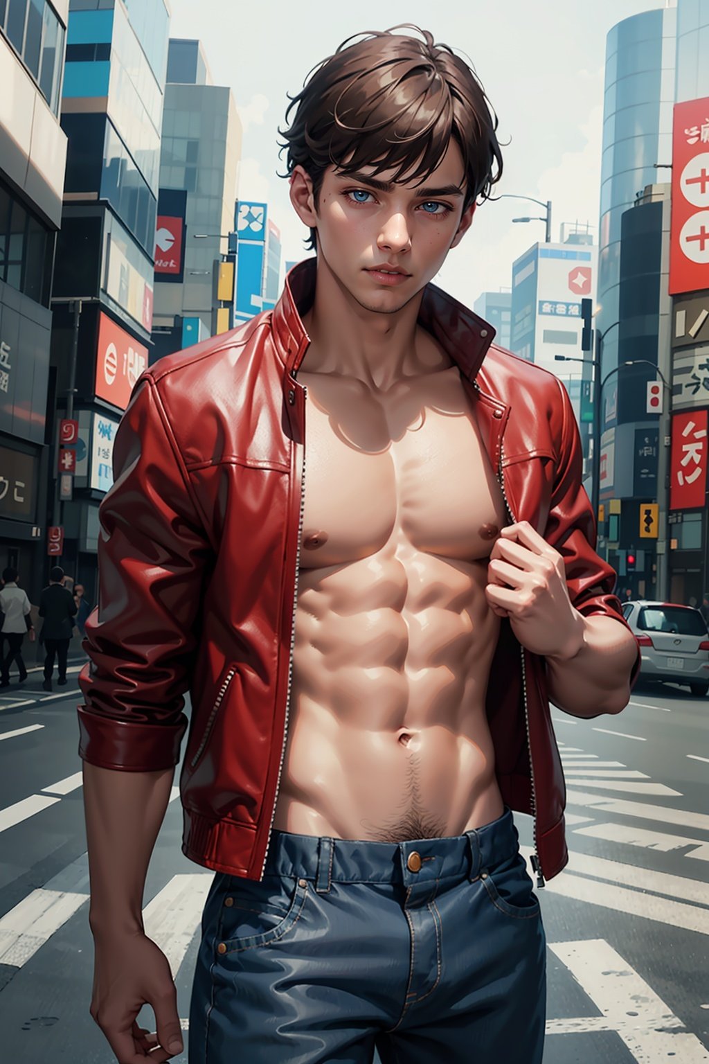 Masterpiece, best quality, (illustration:1.3) 1man, super model, red leather jacket, open jacket, shirtless,   Shibuya scenery, extremely detailed, area lighting 