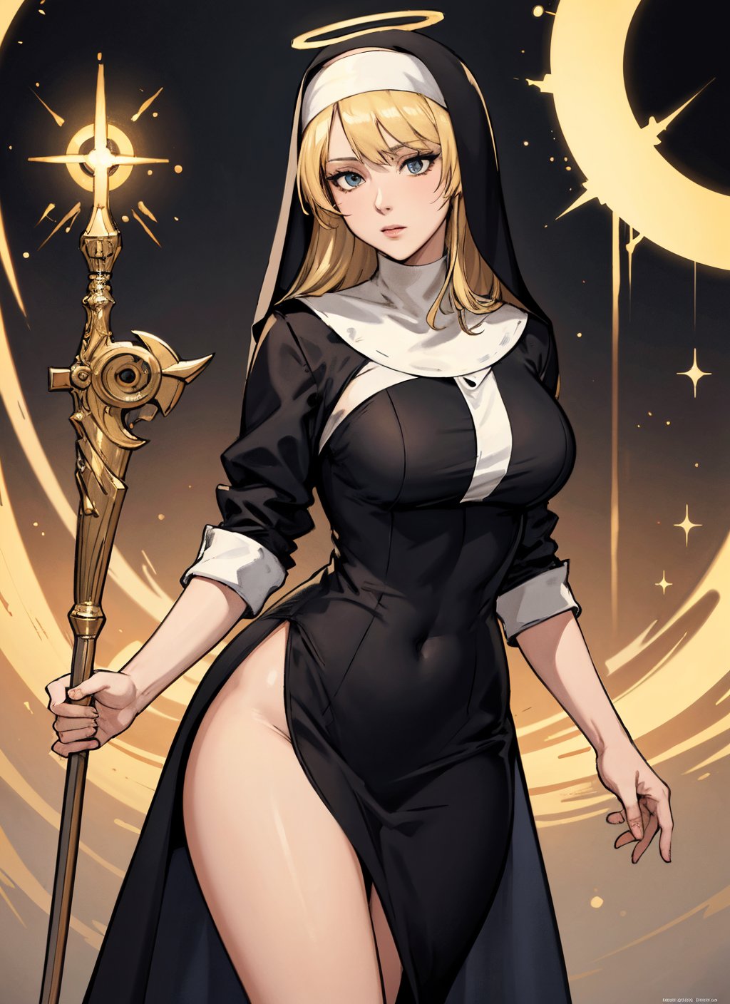 masterpiece, best quality, 8k, artstation, wallpaper, official art, splash art, sharp focus, beautiful woman, priestess, nun habit, blonde hair, golden halo, (solo)