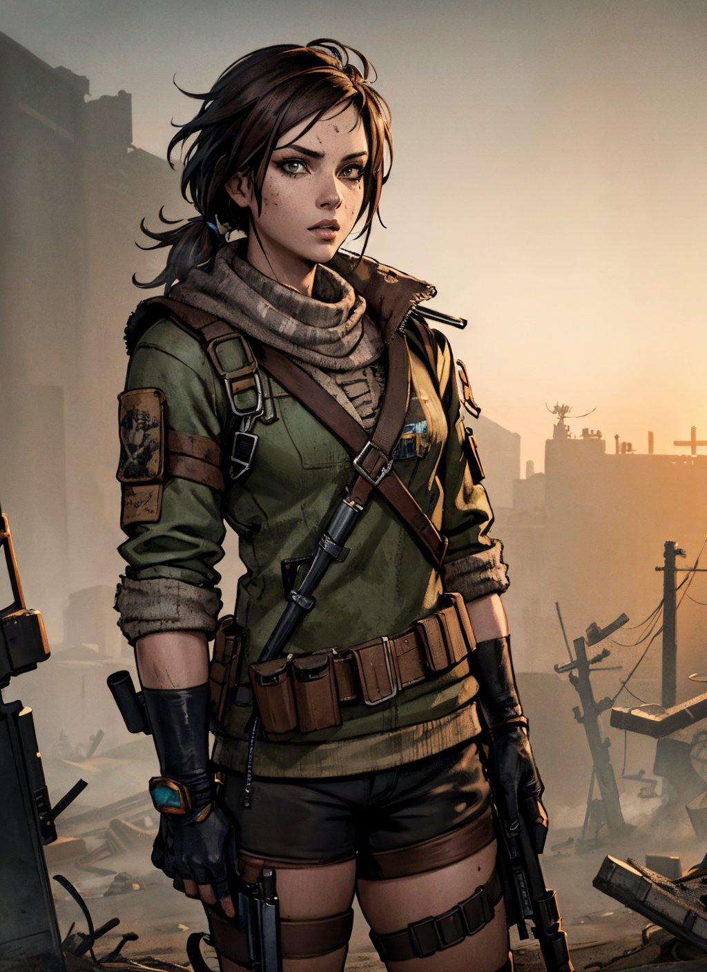 masterpiece, best quality, 8k, artstation, wallpaper, official art, splash art, sharp focus, beautiful woman, in post-apocalyptic wasteland. wearing survivor gear, (solo)