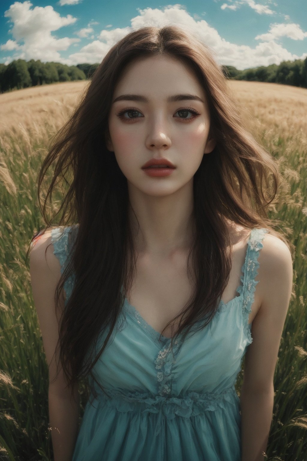 (masterpiece,best quality),HDR,high-definition,[[[Intricate Details]]],cinematic,photorealistic,1girl, (nsfw:0.7), flowy dress, illustration, fisheye lens, high contrast, sharp focus, digital painting, beautiful clouds, flowing hair, high grass, high angle, very deep eyes, cute face