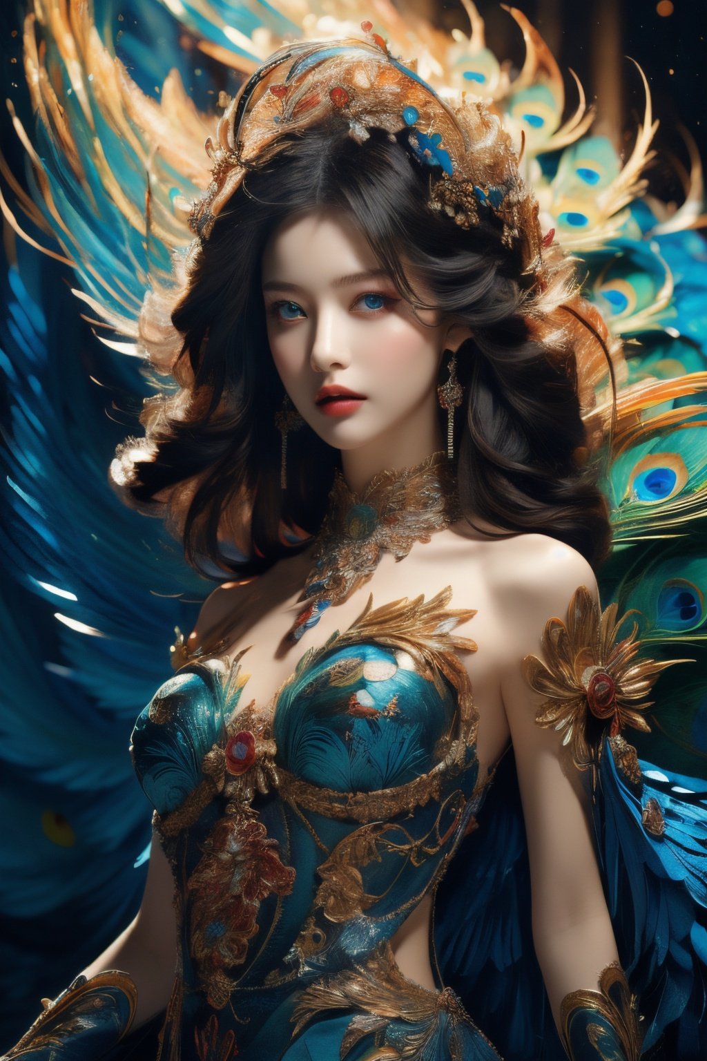 Best Quality, masterpiece, ultra-high resolution, (photo realistic: 1.4) , Surrealism, Fantastical verisimilitude, beautiful blue-skinned goddess Phoenix Peacock on her head, fantastical creation, thriller color scheme, surrealism, abstract, psychedelic, 1 girl,