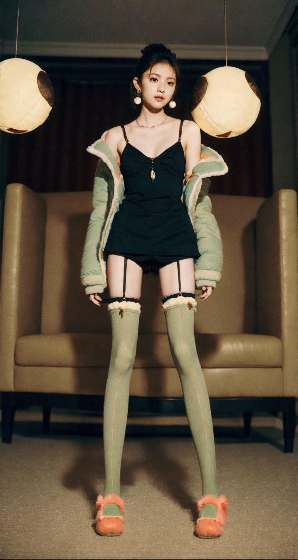 Realistic, masterpiece, highest quality, high resolution, raw photo, fresh photo, 1 girl, solo, full body, bun, light makeup, cute expression, delicate facial features, jewelry, ball earrings, collarbone, coral fleece coat, camisole, (plush shorts), zettai ryouiki, plush stockings, (over the knee socks), plush slippers, cute slippers, playful standing, indoors, cozy room, round plush carpet, depth of field, bokeh, movie lights, ray tracing, film grain, (between legs, from below)