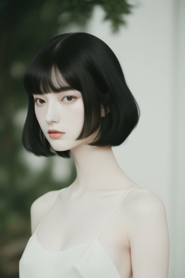 1girl,black_hair,Balenciaga model,looking at viewer,pale skin,blurry_background,realistic,solo,upper_body,,