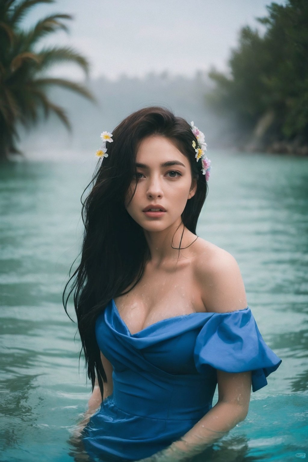  (Masterpiece, best quality), (Upper body: 1.2), 1 girl, beautiful eyes, black hair, messy hair, off the shoulder, blue dress, (standing in the water), damp clothes, (facing the audience), female focus, (surrounded by flowers: 1.2), fog. Vivid emotions, dim photos, ultra high definition, high resolution, very detailed, of the best quality, cinematic lighting, super detail, 8k,monkren