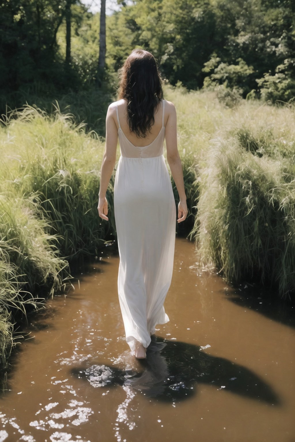 ASCII(RAW photo, best quality), (realistic, photo-realistic:1.3), extremely delicate and beautiful, Amazing, finely detail, masterpiece, ultra-detailed, highres,(best illustration), (best shadow),intricate, The back view of a naked girl, walking to the depths in the swamp, sharp focus, volumetric fog, 8k UHD, DSLR, high quality, (film grain:1.4),Fujifilm XT3,