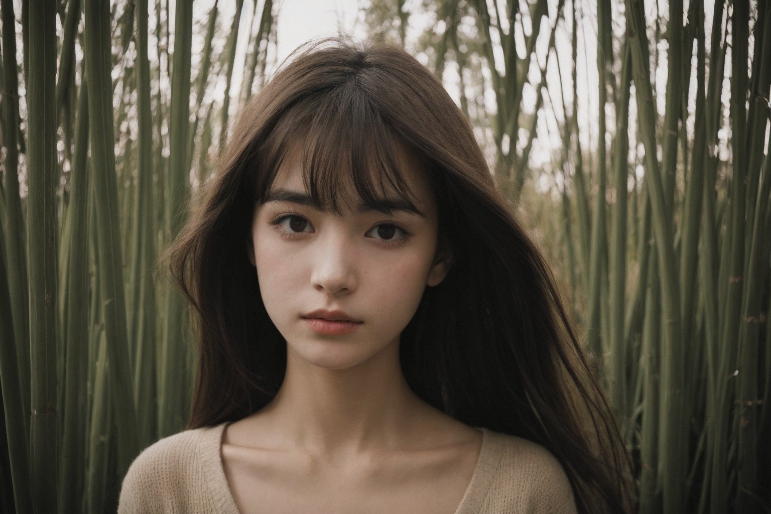  A girl with a mysterious gaze, standing in the depths of a dense reed bed, a telephoto lens zooming in on her face, capturing the emotion, influenced by Robert Doisneau's candid photography, with a rough, grainy texture that adds a sense of authenticity.