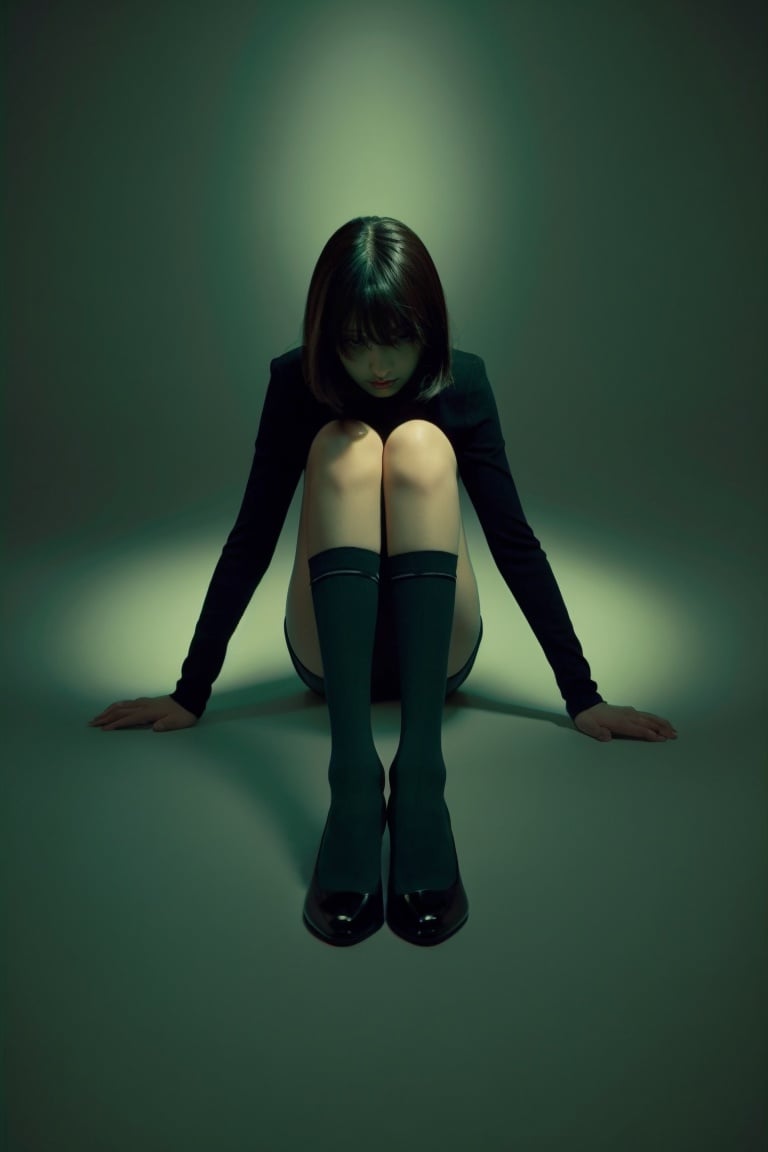  1girl sitting on the carpet, legs crossed, dark green gradient socks, soft lighting, hands 101, monkren