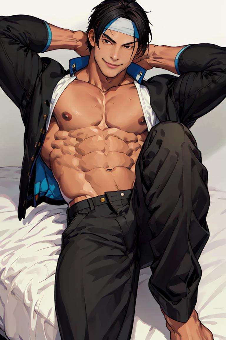 <lora:ClassicKyo-000003:1> orochikyo, 1guy,  solo, (black jacket:1.2), shirtless, pectorals, abs,  (white headband:1.1), ((black pants:1.3)), bulge, laying on bed, relaxing,oily skin, smirk, hands behind head, handsome, charming, masterpiece, highres, detailed face, detailed eyes, erotic feelings, perfect picture, highly detailed, high contrast , colored, bright colors, perfect color palette