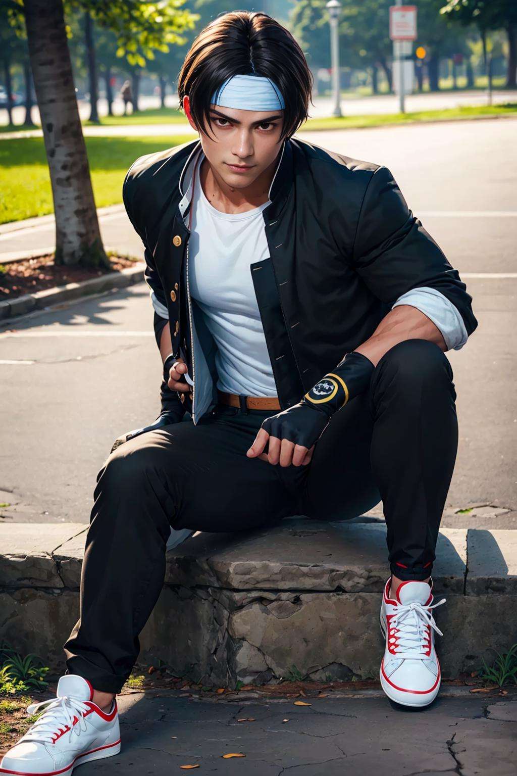 <lora:ClassicKyo-000003:1> orochikyo, 1guy,  solo, (black jacket:1.3), fingerless gloves, white t-shirt, (headband:1, ((black pants:1.3)), sneakers, sitting, brown eyes,  portrait, , handsome, charming, masterpiece, highres, detailed face,detailed eyes, at the park