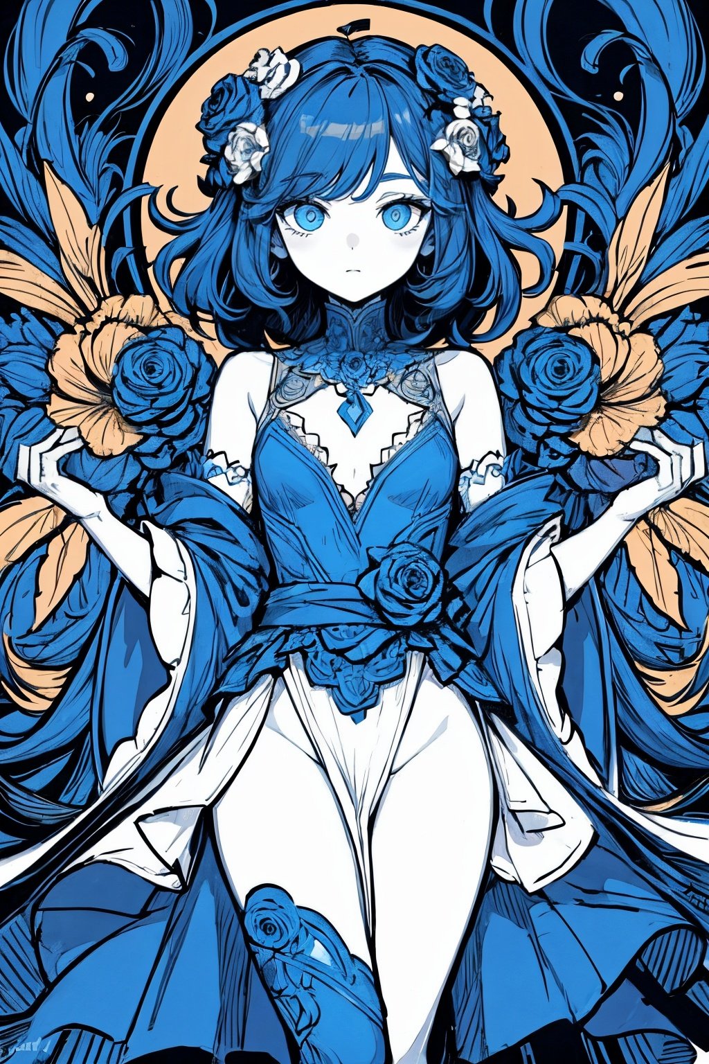 masterpiece, best quality, 1girl, flowers, flat color, lineart, abstract, ornate, blue theme